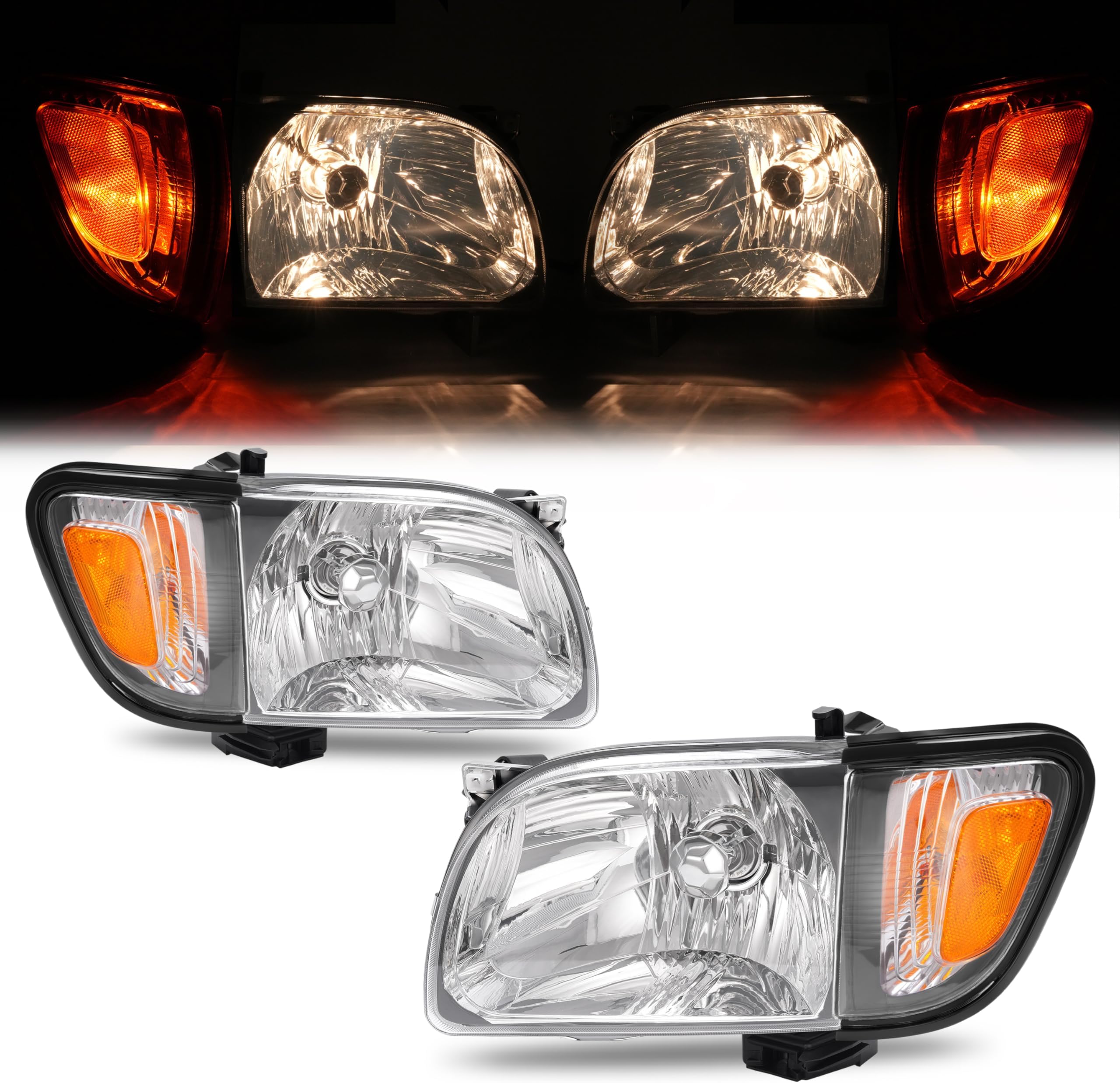 HECASA Headlight & Corner Light w/Bulbs Compatible with 2001-2004 Toyota Tacoma Replacement for TO2503136 TO2502136 Halogen Front Headlamp Bumper Head Lights Clear Lens Black Housing Left&Right Side