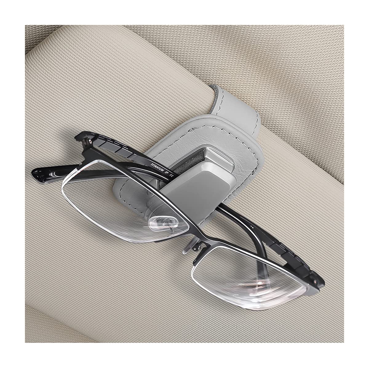 AUCELI Sunglasses Holders for Car Sun Visor, Eyeglasses Hanger Mounted with Ticket Card Clip, Magnetic Leather Glasses Holder, Auto Interior Accessories Universal for SUV Pickup Truck