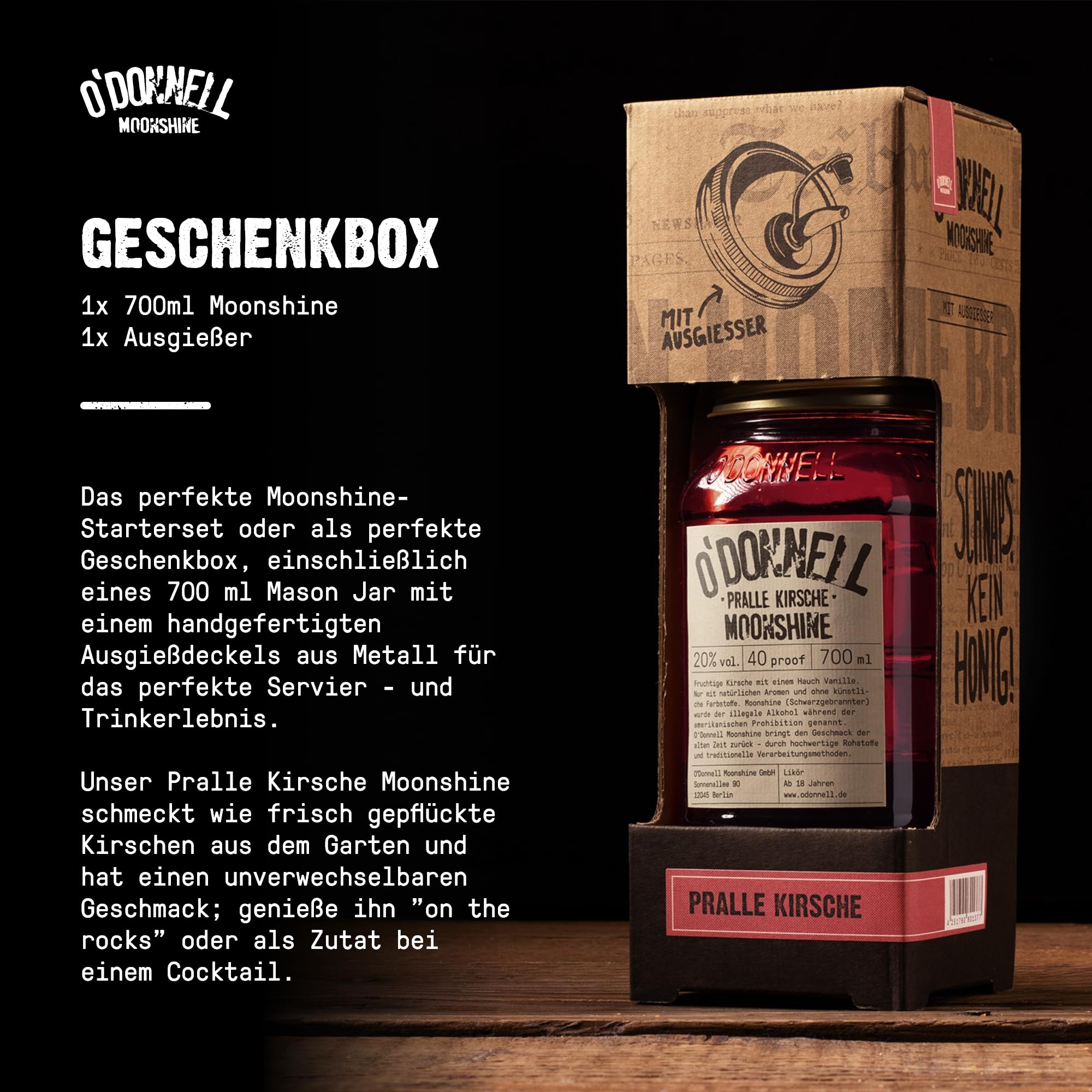 O’Donnell Moonshine Pralle Kirsche Likör (700ml) + Ausgießer – Premium Kirschlikör mit fruchtiger Kirsche & Vanille – Ideal pur oder für Cocktails – 20% Alkohol im Original Mason Jar – Made in Berlin