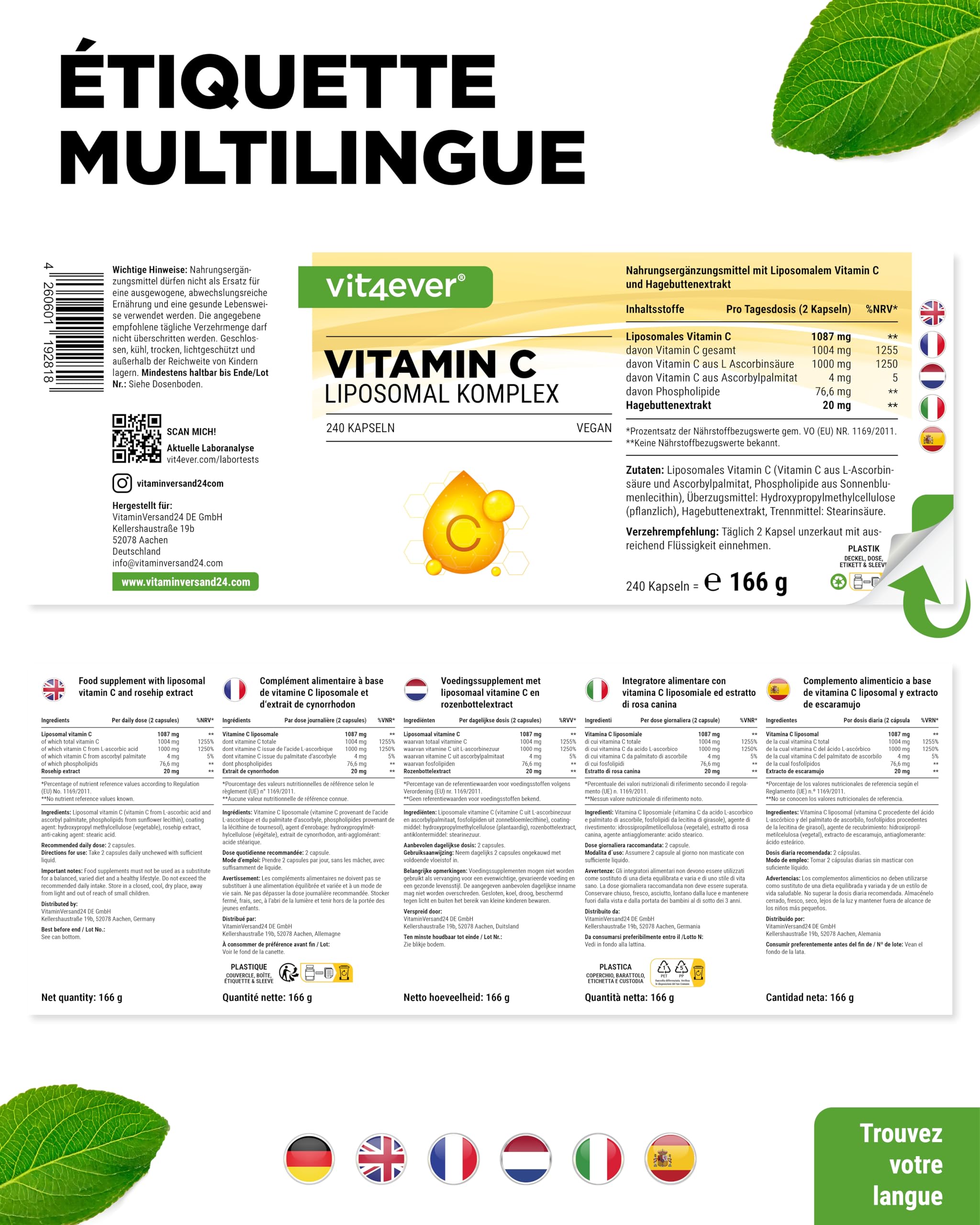 vit4ever Vitamine C Liposomale - 240 Gélules Végétaliennes - Premium : Hautement Dosée avec 1000 mg de Vitamine C Pure par Jour - Biodisponibilité Particulièrement Élevée