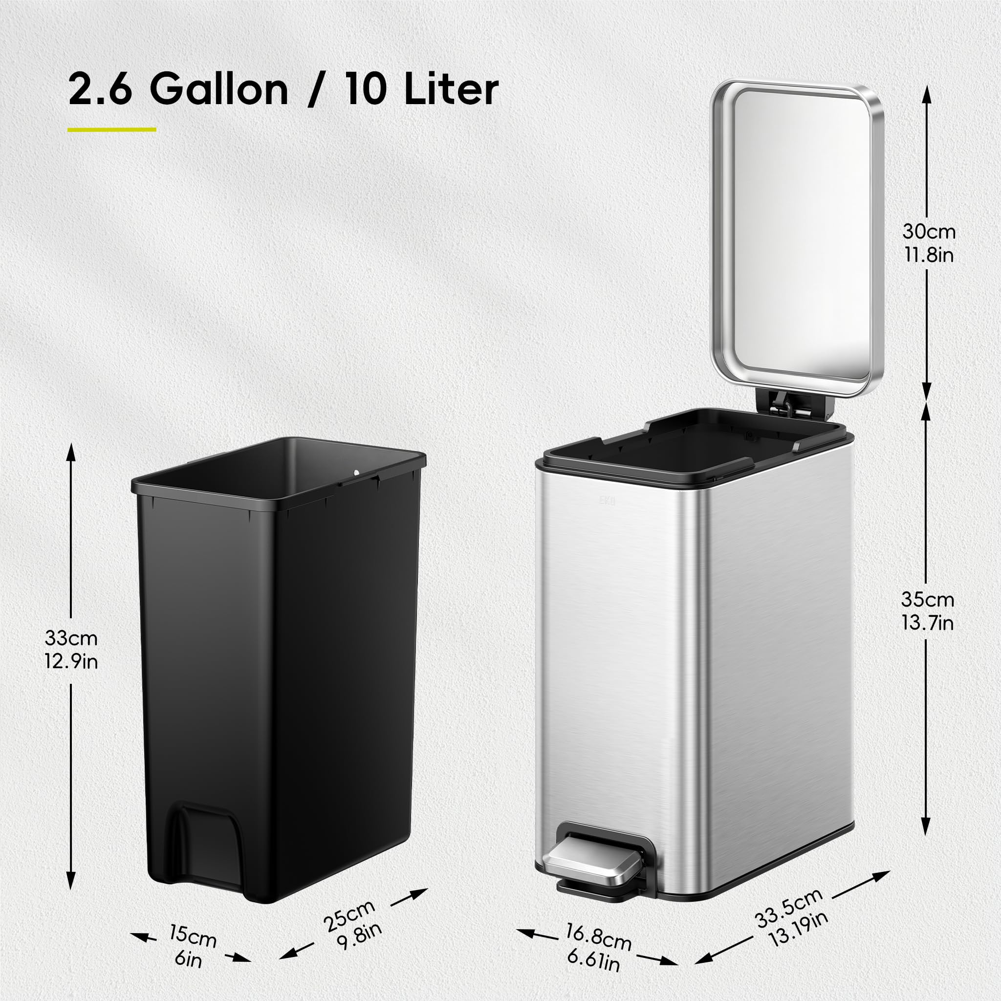 EKO - Cubo de basura de baño de acero inoxidable con tapa de cierre suave, pedal interior extraíble y acabado antihuellas, 10 L, color plateado
