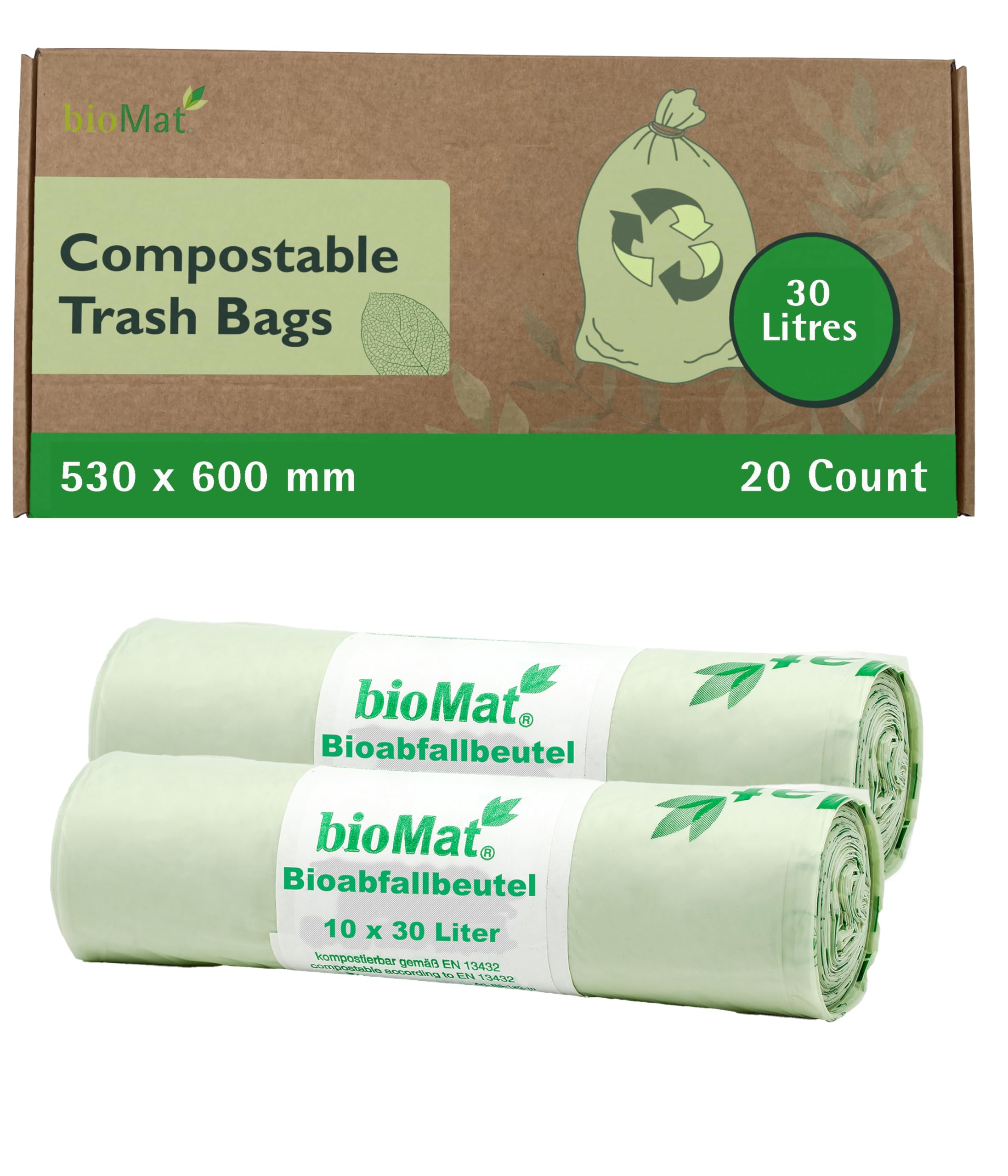 bioMat Compostable 30 Litre Kitchen Caddy Liners, 20 Refuse Sacks, EN 13432 Certified Compostable Food Waste Bags, for Organic Waste, Household Waste