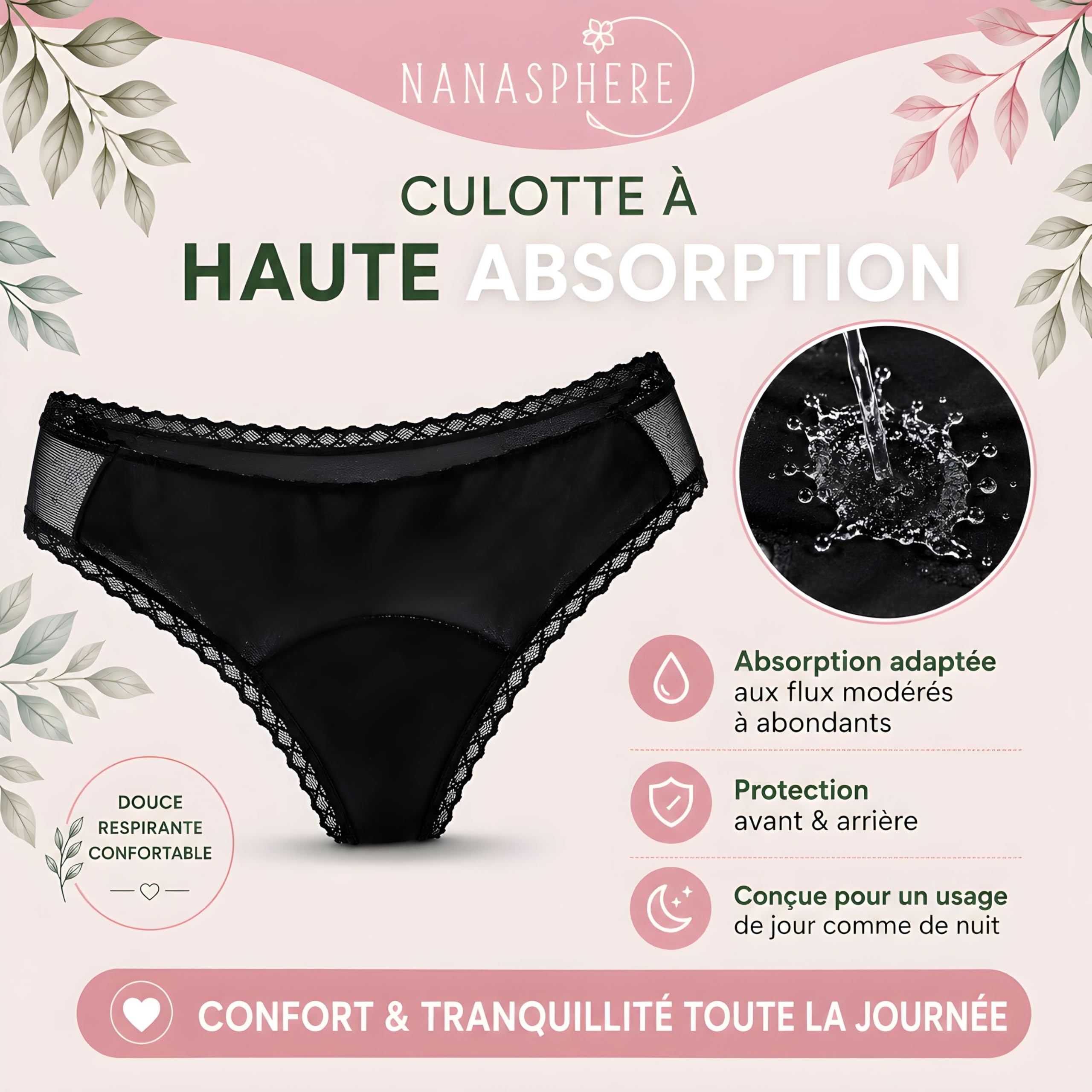 Lot 3 Culottes Menstruelles Ultra Absorbante Coton Bio + Sac Lavage | Flux Abondant sous Vêtement Lavable Réutilisable Règles Fuites Post Accouchement Adolescente