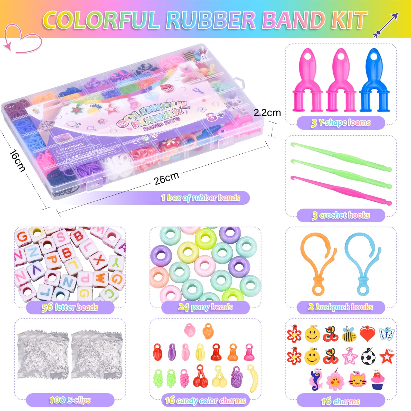 AOKITO 2500+ Elastici per Braccialetti, 32 Colori Kit Elastici Braccialetti Fai Da Te Bambina con Gancetti, Varie Perline e Loom Band, Lavorare a Maglia Giocattolo Perfetto Bambini Regalo per Ragazze