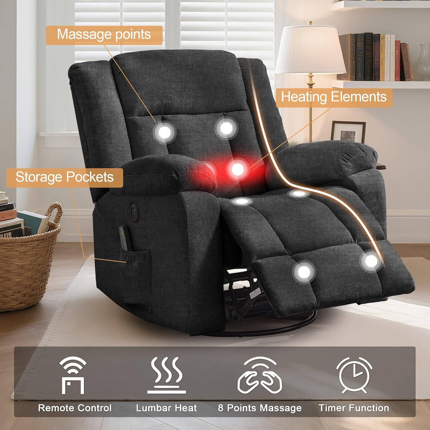 Recliner with massage points and heating elements highlighted