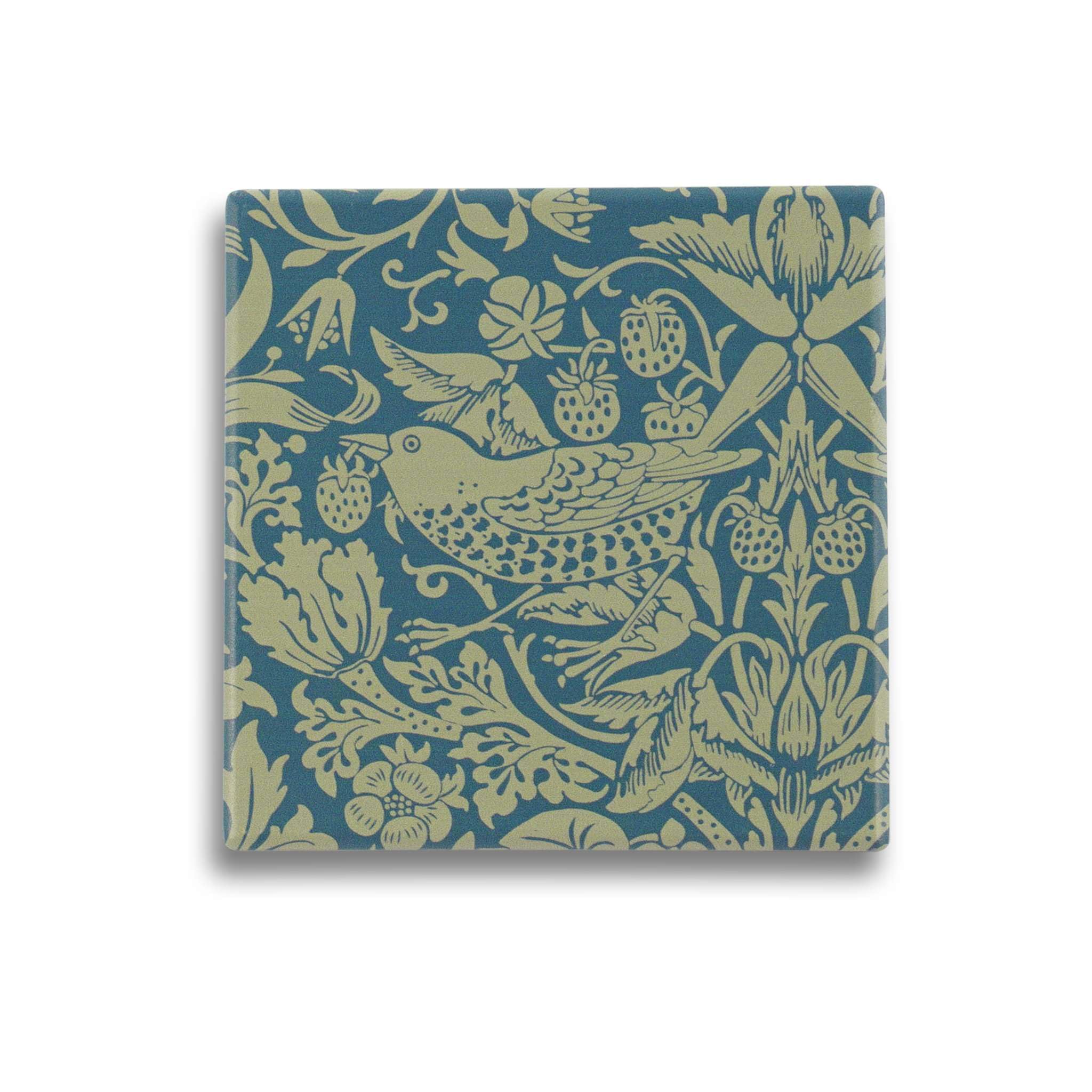 Half Moon Bay | William Morris | Strawberry Thief Single Ceramic Coaster | Sage Green Blue Square Cup Mat 4 Inch | Arts and Crafts Collection | Elegant Father's Day, Birthday or Teacher Gift