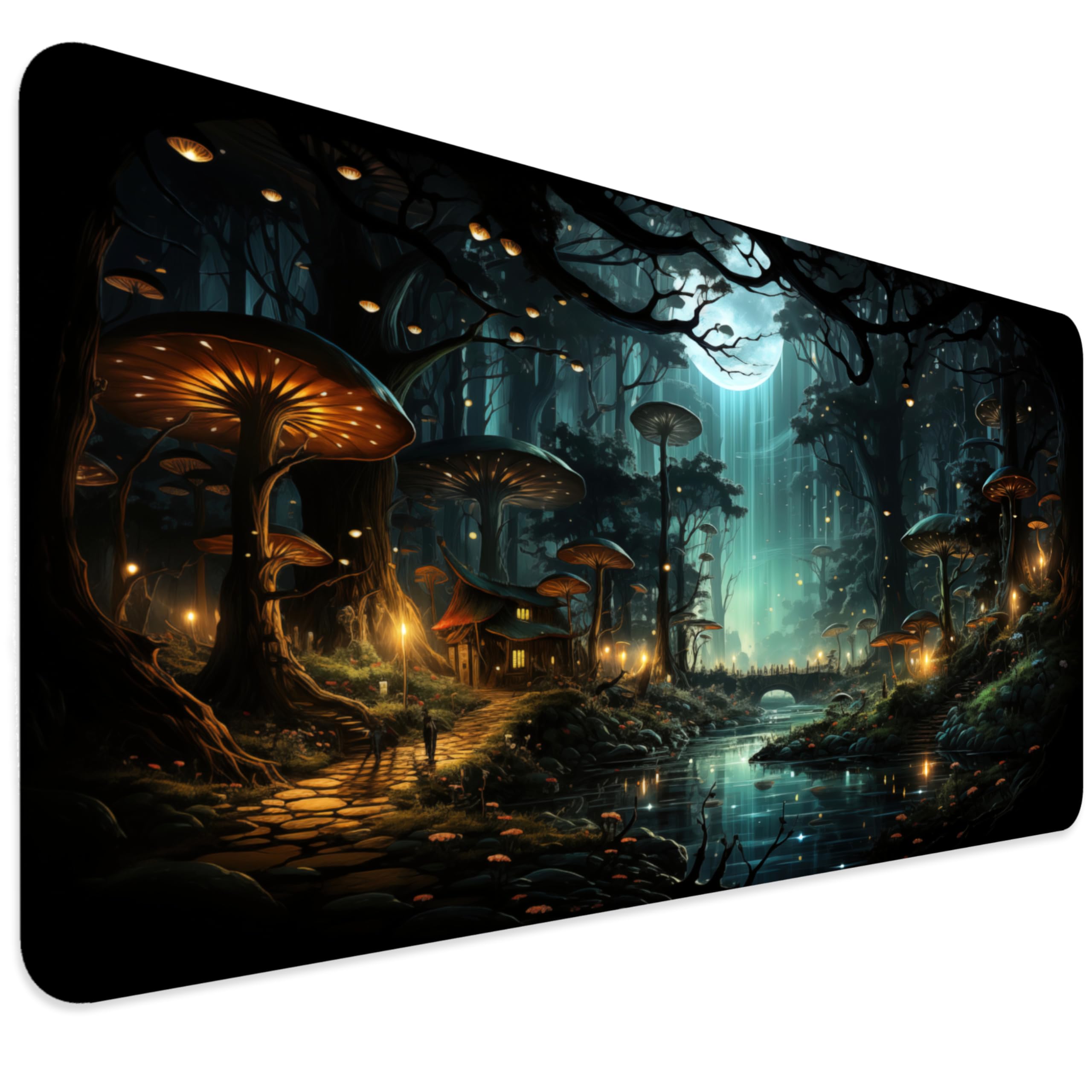 TRYNOVAS Tappetino Mouse XXL 90×40 cm (3mm) – Foresta Magica Fantasy con Funghi & Ombre – Mousepad Gaming Grande, Antiscivolo, Bordi Cuciti, Tappetino Scrivania