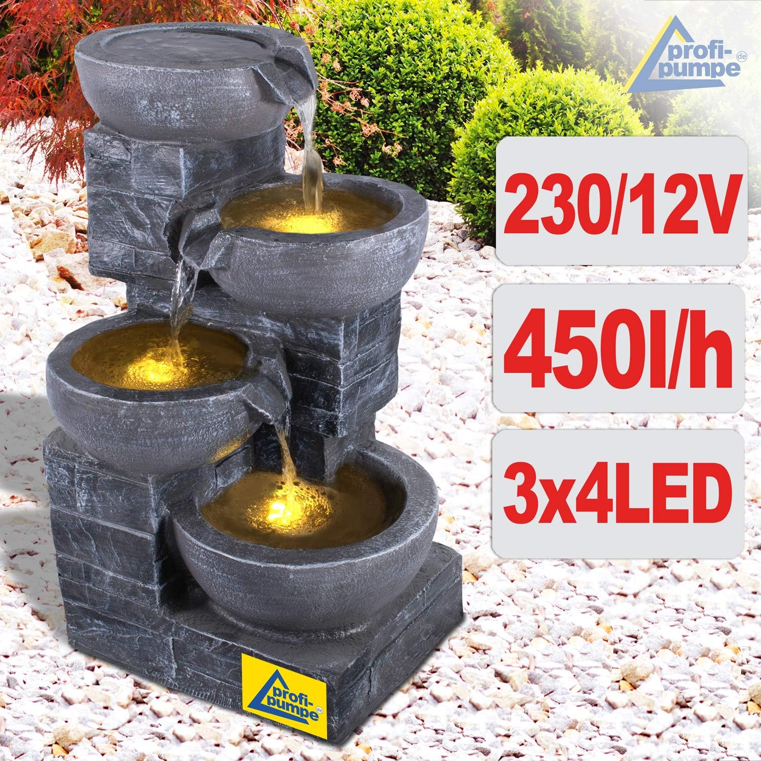 Fontana da giardino, fontana decorativa, fontana per interni, fontana con luce LED, 230 V, cascata, giochi d'acqua per giardino, laghetto da giardino, terrazza, balcone