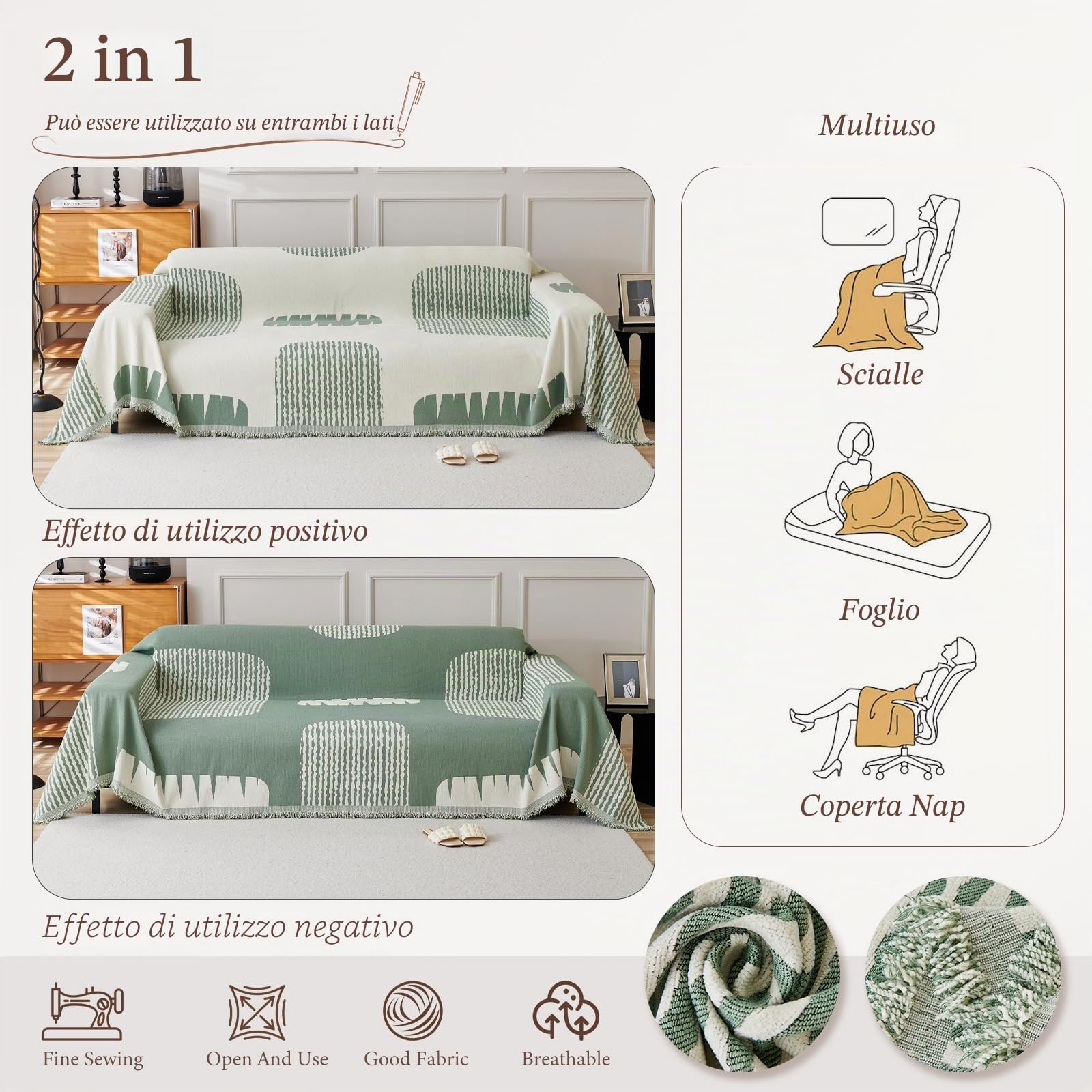 Copridivano, Copridivano Universale Quattro Stagioni, Copritutto per Divano Arredamento per La Casa, Coperta per divano in Ciniglia con Frangia Delicata 180 * 380cm-Verde