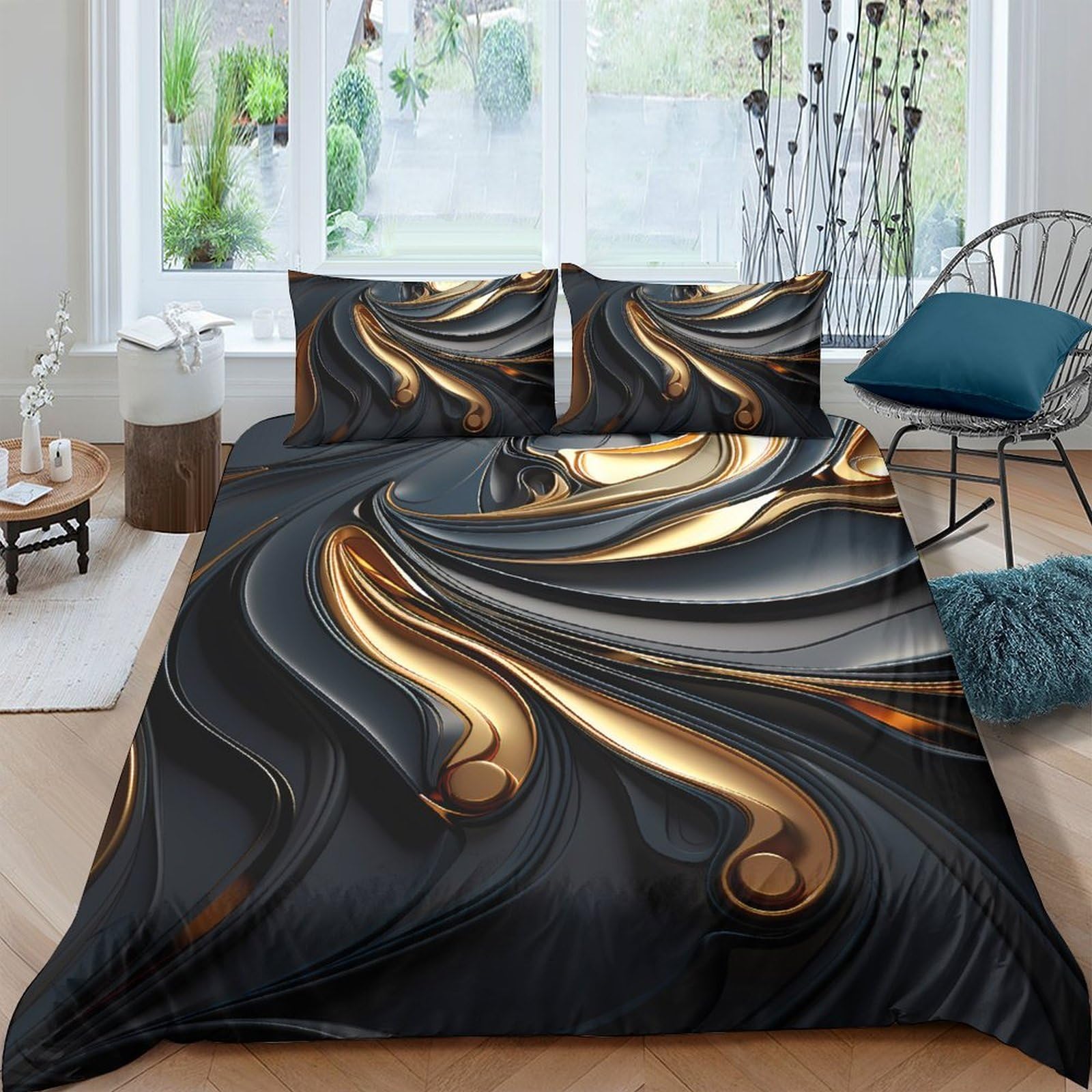 Ctjqhvkz Style-9 3D Printed Black Gold Swirl Fitted Sheet Microfiber Soft Bedroom Decor Abstract Wave Mattress Cover Washable Single（135X200cm）