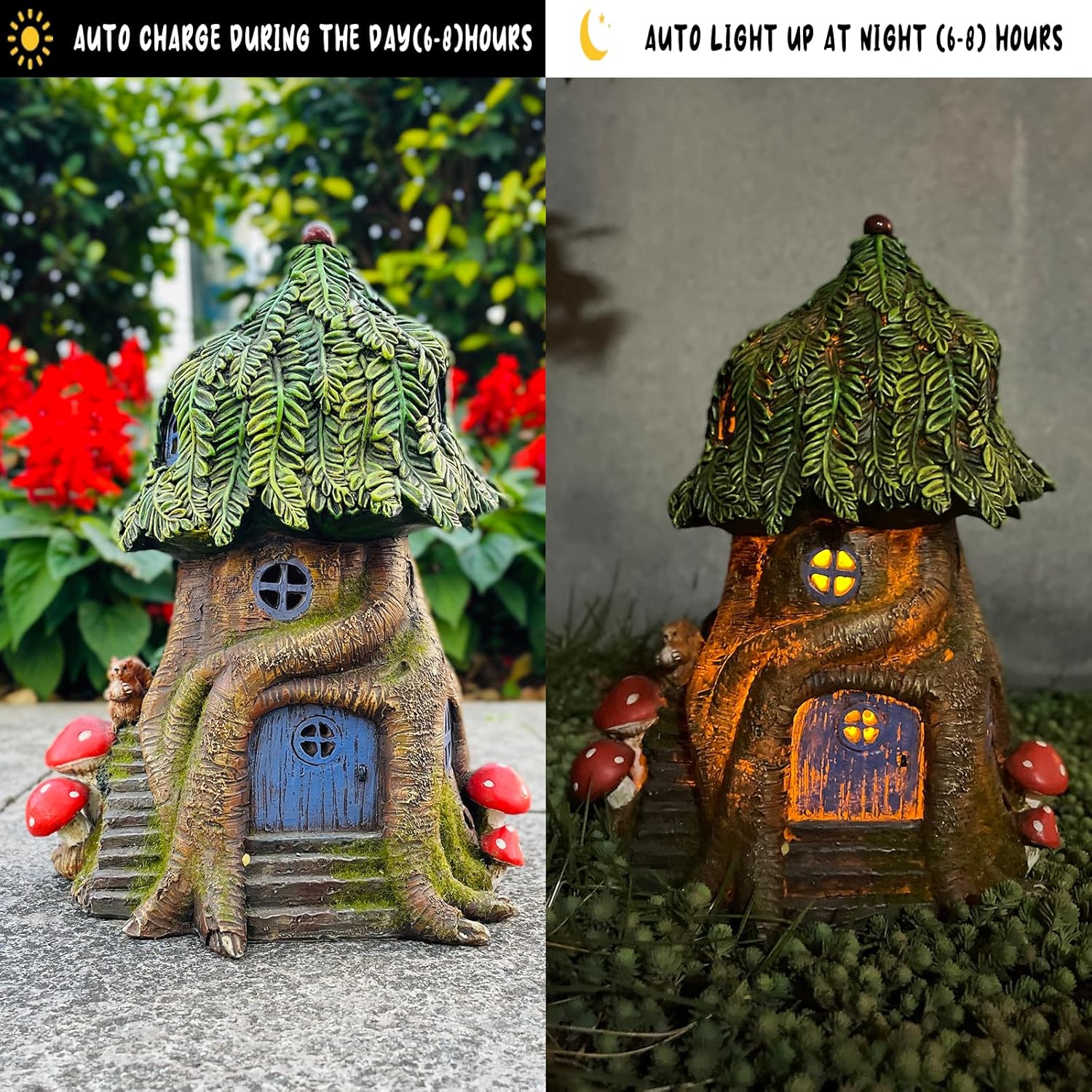 COWOS Solar Light Fairy Tree House, Fairy Garden House Statues,Tree House Figurines with Solar Light for Indoor Outdoor Art Decorations, Patio Yard Lawn Ornaments Gift - Image 4