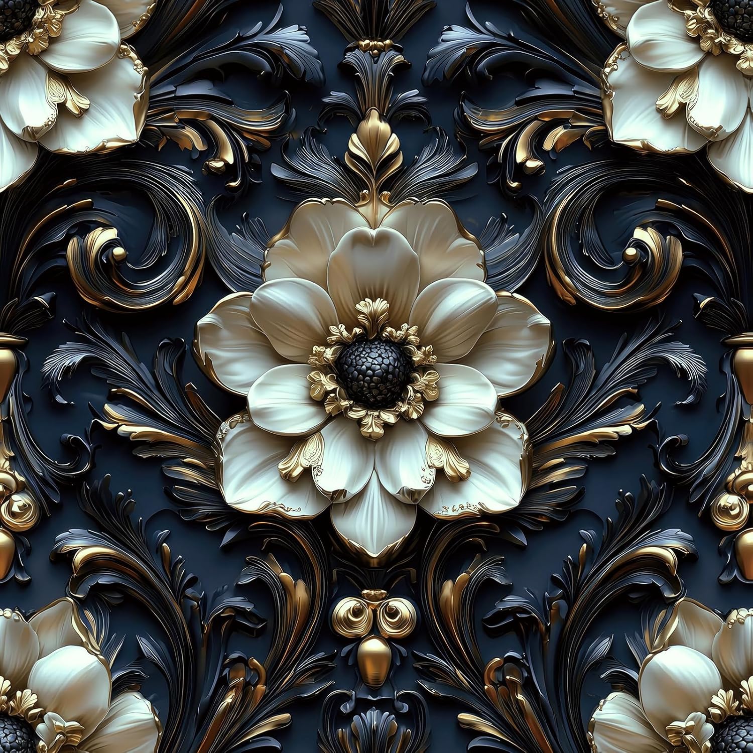 YENHOME Vintage Baroque Floral Wallpaper Luxury 3D Floral Peel and Stick Wallpaper for Bedroom Bathroom Ceiling 17.5"X 118" Removable Black Gold White Flower Contact Paper for Cabinets Shelves Walls