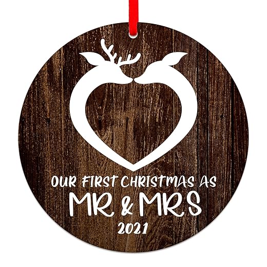 FaCraft Our First Christmas as Mr and Mrs Ornaments 2021,3" Rustic First Christmas Married Ornaments Farmhouse1st Wedding Ornaments Mr and Mrs Gifts for New Couple Newlyweds Him Her