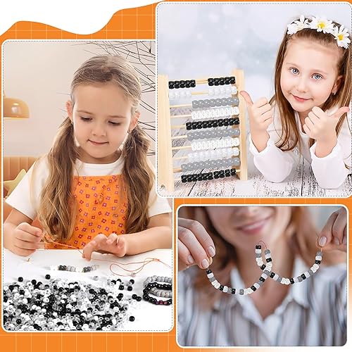 Miniatura 6 de UPINS 1200 cuentas de poni a granel en negro, blanco, gris, transparente, redondas, de plástico para hacer joyas, cuentas para el cabello,