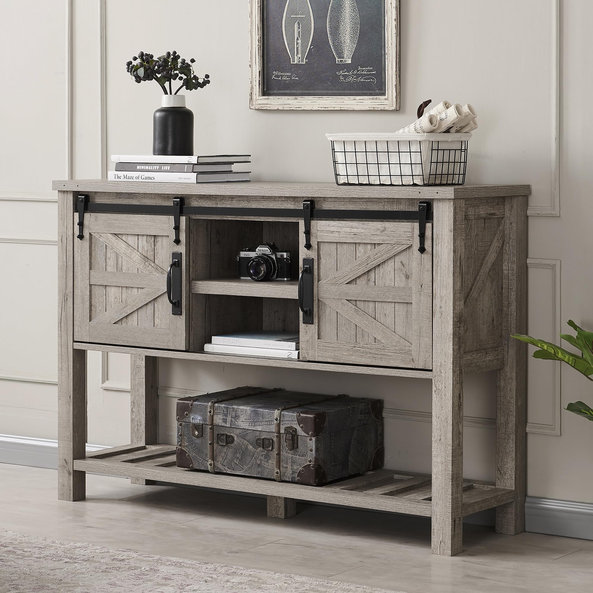 OKD Entryway Table with Sliding Barn Doors, 46" Farmhouse Console Table with Storage Shelf, Rustic Sofa Table Behind Couch for Hallway, Entry Way, Living Room, Foyer, Light Rustic Oak