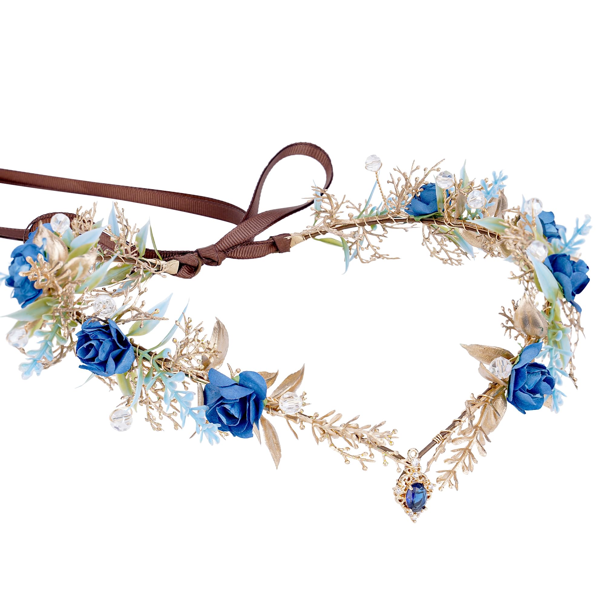 MOSTORY Flower Crown Elf Headdress for Fairy Costume Women, Medieval Leaf Crown with Blue Flowers for Fancy Renaissance Cosplay Carnival Accessories