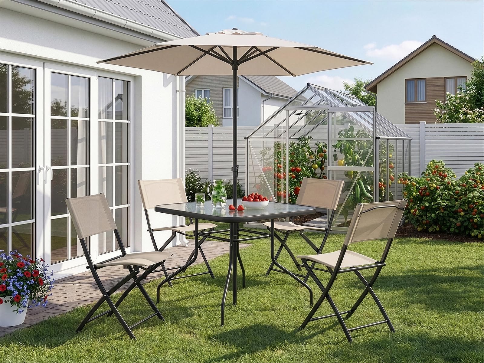Home Collective Juego de muebles de jardín para balcón, juego de comedor al aire libre, muebles de terraza, 6 piezas, 4 sillas plegables, 1 mesa de cristal, 1 sombrilla, resistente a la intemperie