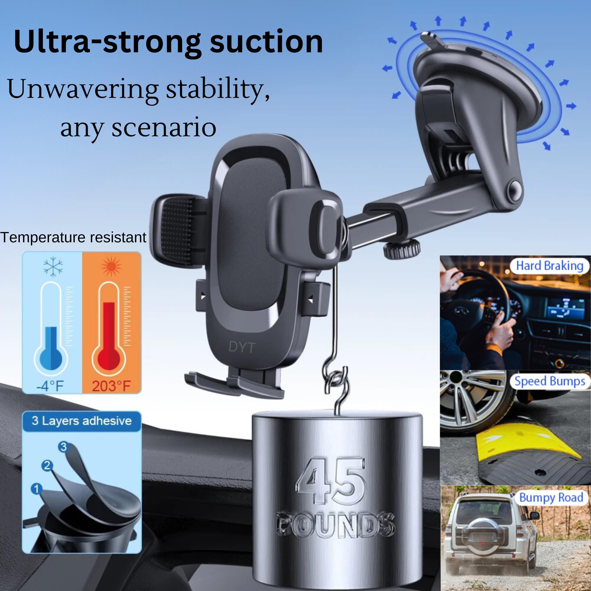 DYT Soporte para teléfono de coche [apto para carreteras con baches] Soporte de teléfono para salpicadero de coche, rejilla de ventilación 3 en 1, soporte manos libres para iPhone 15, 14, 13 Pro Max