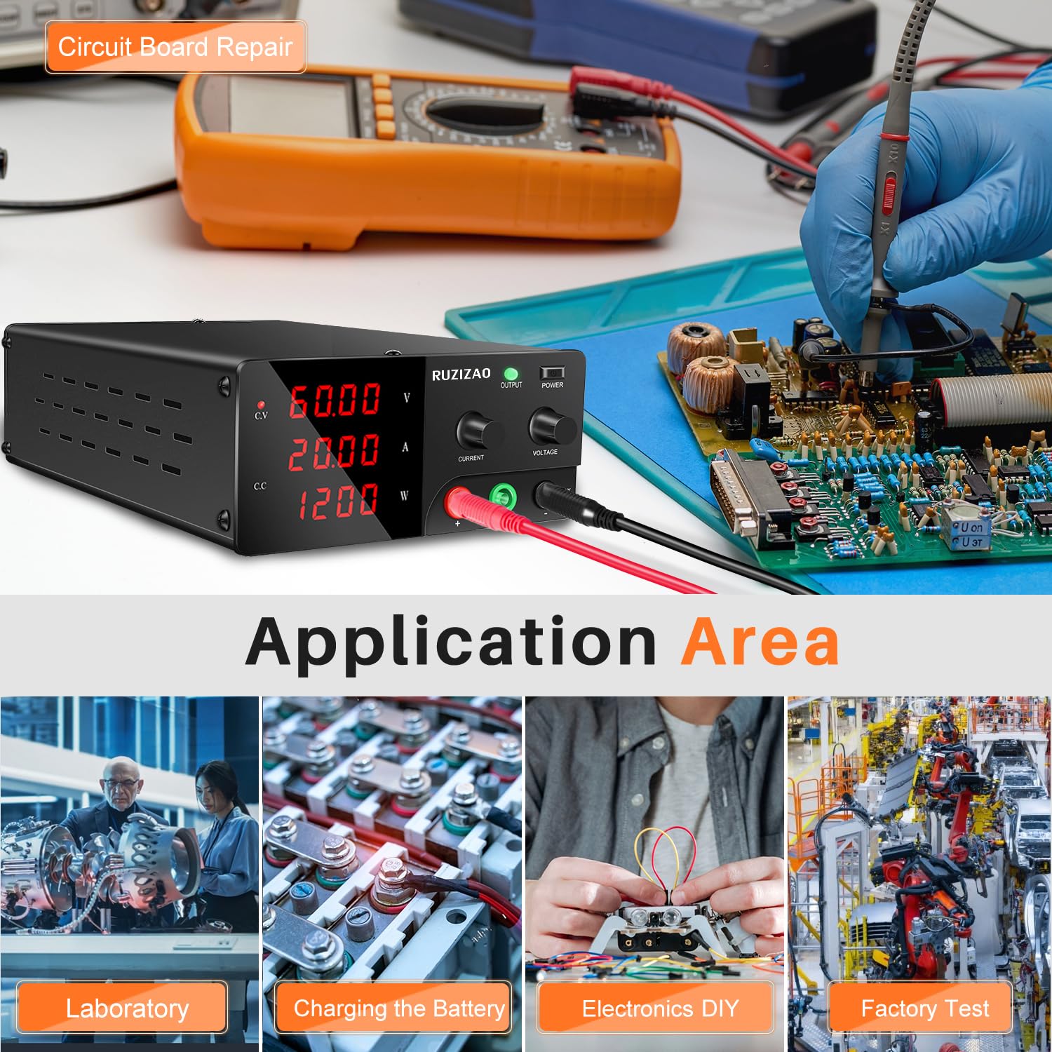 Alimentatore da Banco 60V 20A 1200W Alta Potenza Alimentatore da Laboratorio Regolabile con OUTPUT/Encoder, Professionale Alimentatore DC con Display a LED a 4 Cifre e Uscita Stabile