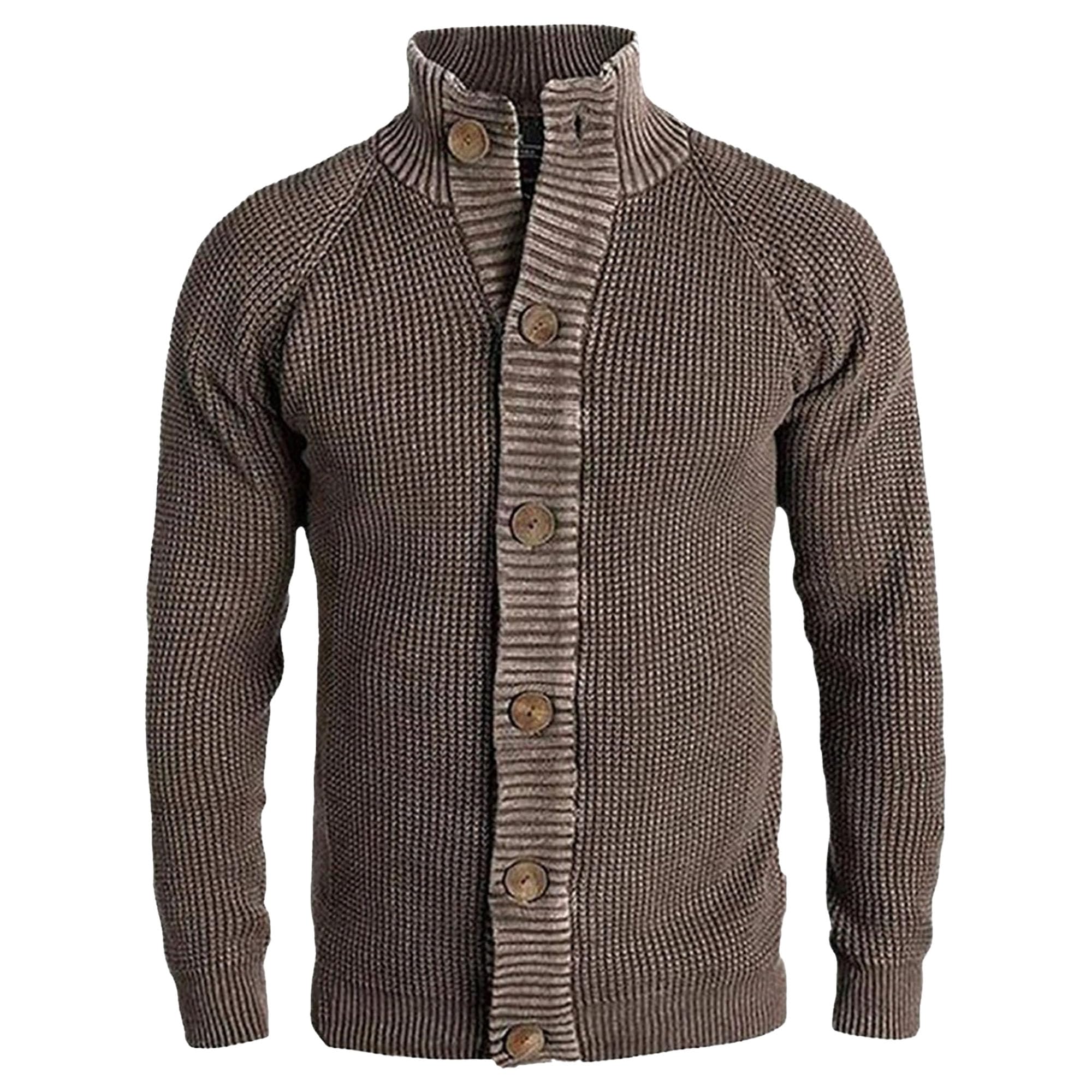 Men's Open Front Stand Collar Cardigan Retro Lapel Cable Knited Sweater Button Up Shawl Collar Cardigans (Brown,3X-Large)