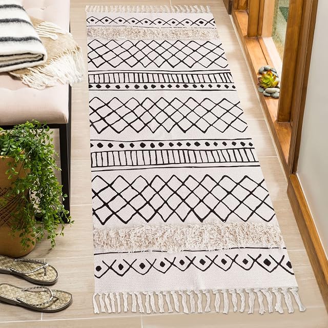 SHACOS Cotton Area Rug Runner for Hallway, Throw Rugs for Bedroom, Woven Area Rug Indoor, Runner Rug for Kitchen, Entryway Runner Rugs Washable, Black and White Rug for Living Room, Bathroom-60x90 cm