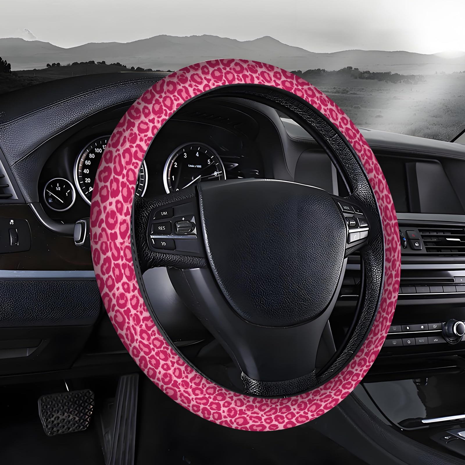 AOPEFNX Steering Wheel Covers for Car, Truck, and SUV, Cute Non-Slip Breathable Elastic Steering Wheel, Car Accessories, Universal 15 Inch Leather Cover for Men Women Cute Leopard Print