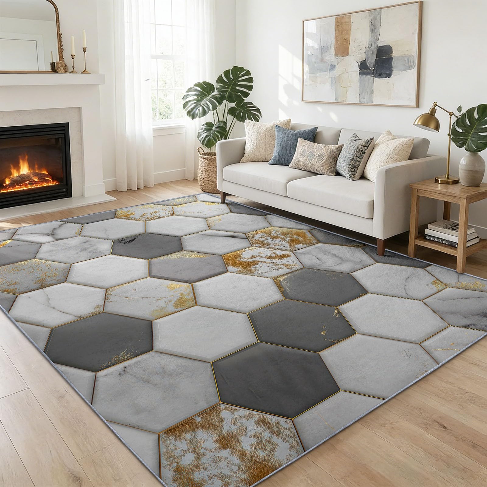 Tappeto Soggiorno 140 x 200 cm, grigio marmo esagonale geometrico, moderno tappeto stampato lavabile in lavatrice, tappeto morbido antiscivolo, per camera da letto e ufficio, sala giochi