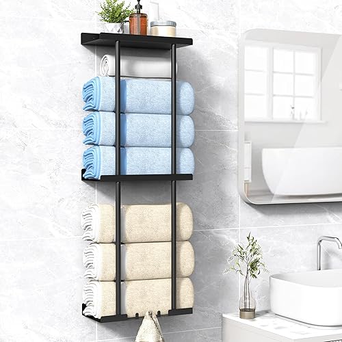 Miniatura 12 de Toallero para Baño, Organizador de Almacenamiento de Toallas Enrolladas Vertical Montado en la Pared con Estante, Capacidad para 6 Sábanas de Baño