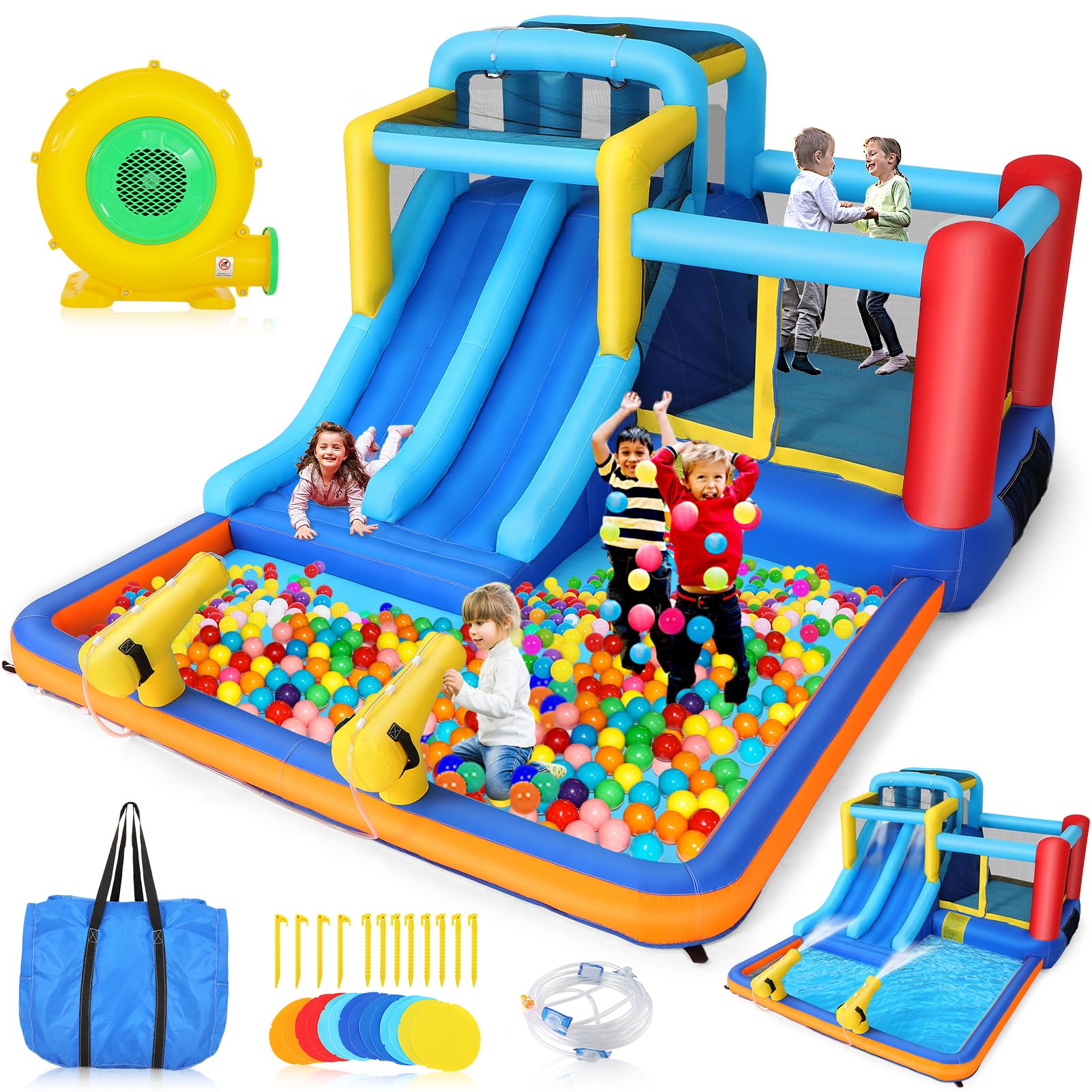Whubefy 15x9.95Ft Bounce House Double Slide for Kids, Inflatable Bouncy House Water Slide with Blower, 2 Racing Slides, Bouncy Ball Pit, Indoor & Outdoor Backyard Blow Up Jumping Bouncer for Party Fun