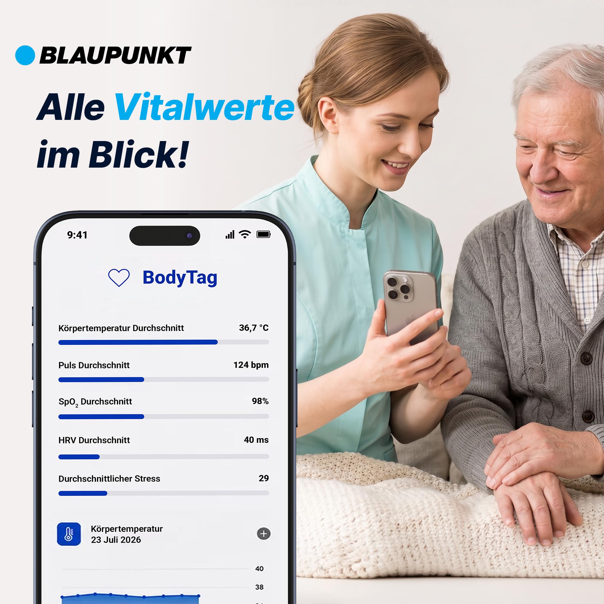 BLAUPUNKT [Test SEHR GUT, Note 1.0 BodyTag Gesundheitstracker mit Fieberthermometer & Alarm für Senioren & Erwachsene, Pflege Zubehör, Alternative zu Gesundheitsuhr & Armband