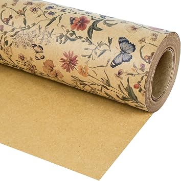 Altarho Kraft Wildflower Wrapping Paper Roll for Boys Kids Women Men - Spring Butterfly Vintage Floral Print Holiday Gift Wrap for Summer Mothers Day Easter Birthday Total 28.5sq.ft