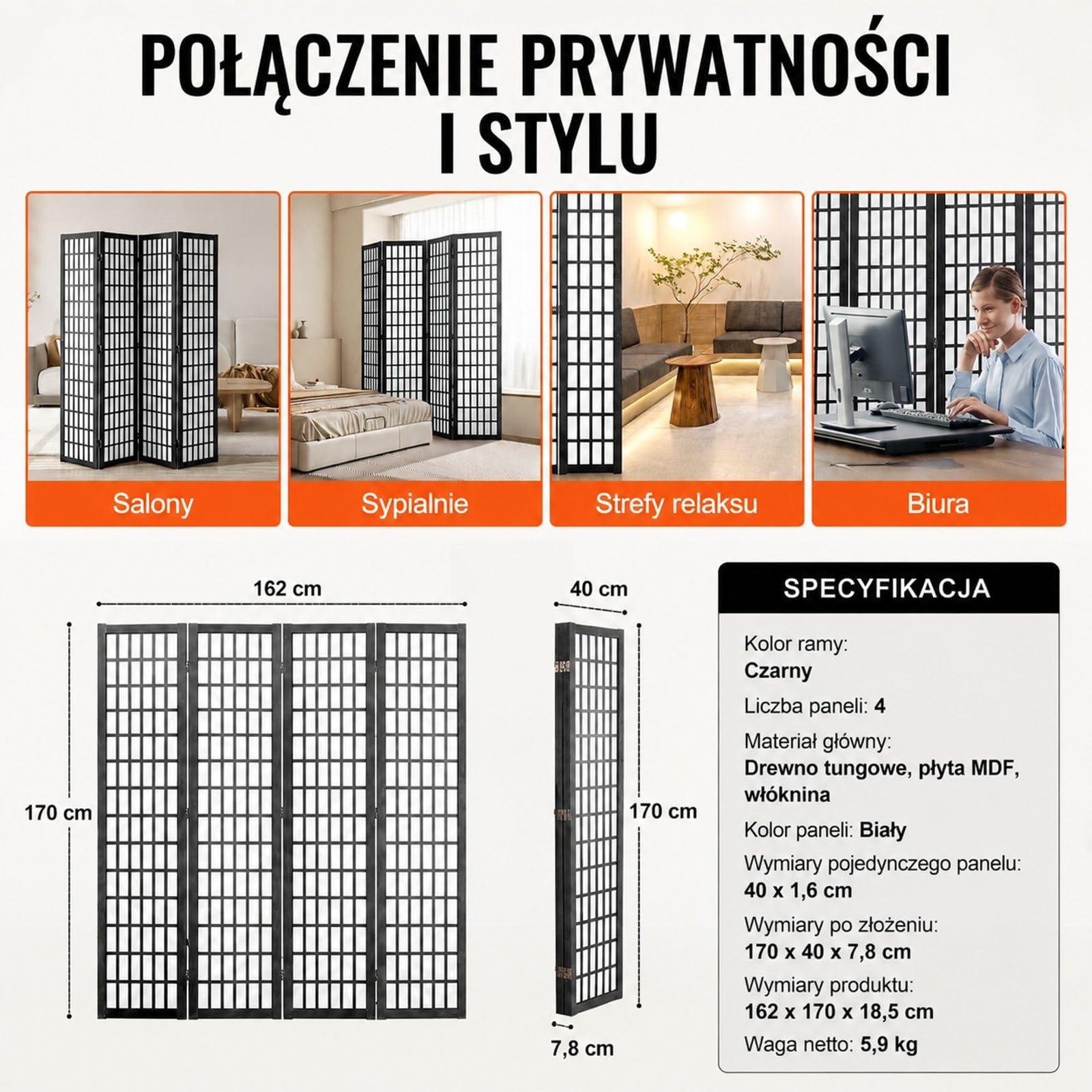 Parawan pokojowy 4 panele, japoński styl, drewniany składany ekran do domu i biura