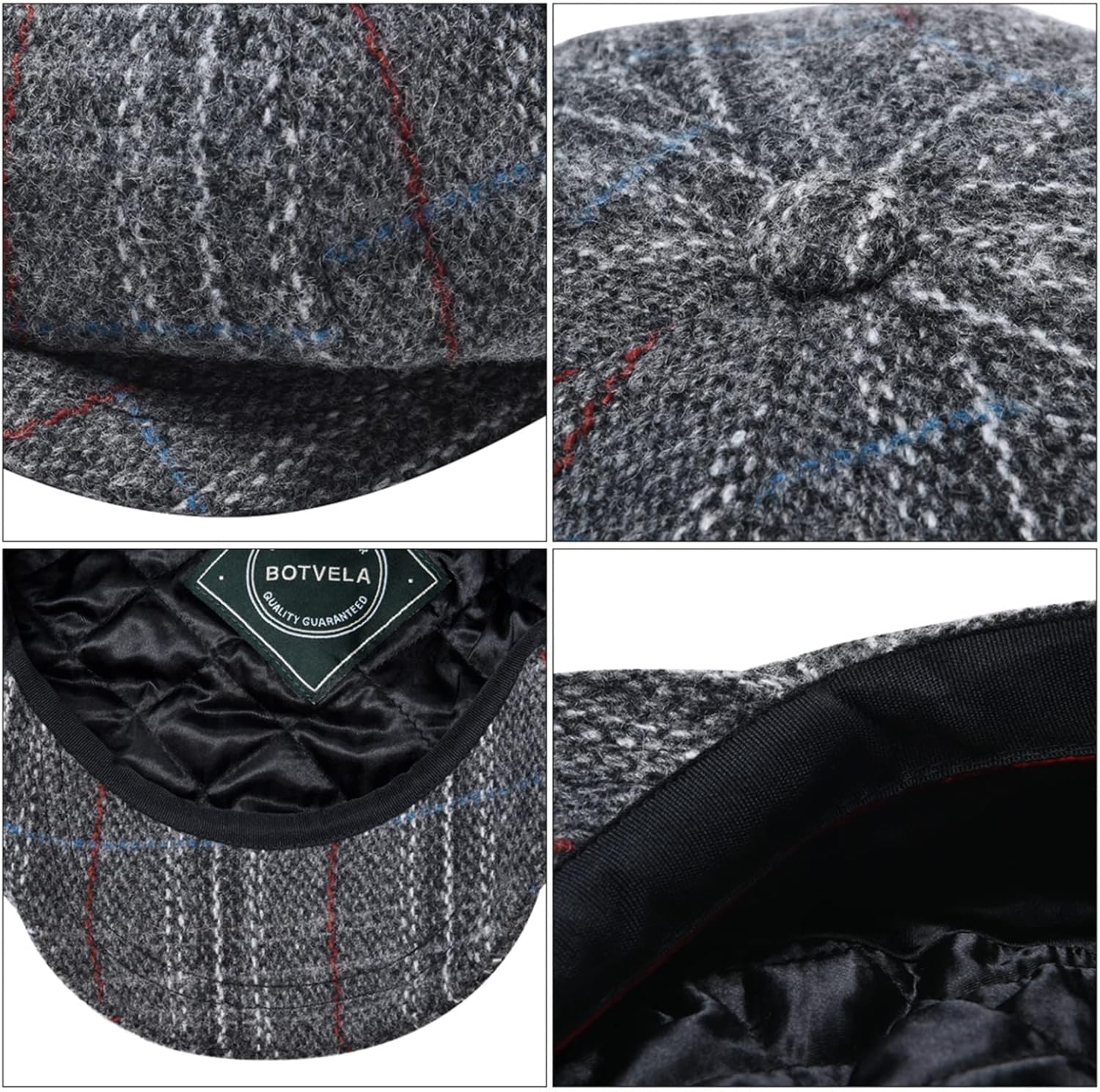 BOTVELA Men's 8 Panel Wool Blend Newsboy Flat Cap Herringbone Tweed Hat - Image 7