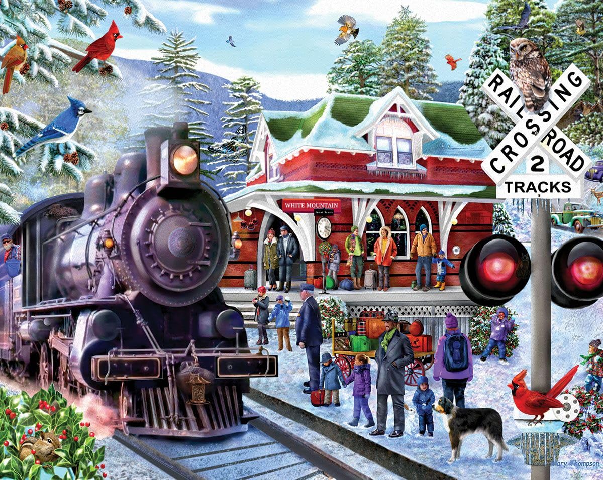 White Mountain Train Ride Winter Puzzles 1000 Pieces Scenic Seek & Find Jigsaw Puzzle for Family and Adults