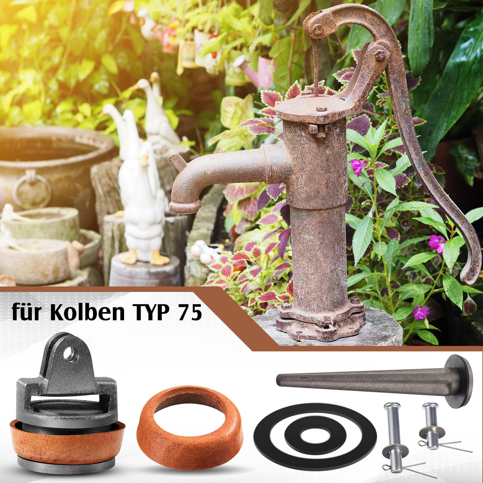 Sinmoe Ersatzkolben für Schwengelpumpen Typ 75 mit Nasenstechventil Bolzen Satz Ledermanschette Dichtungsring Kolben Komplett Wasserpumpen Ersatzteile Pumpendichtung Handpumpen Gartenpumpe(Grau)