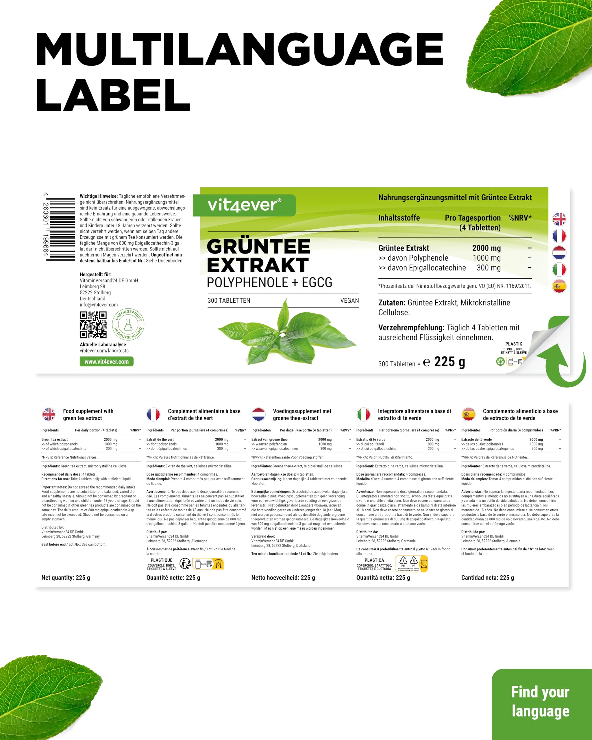 vit4ever Grüntee Extrakt 300 Tabletten - Hochdosiert mit 2000mg Grüner Tee Extrakt, 300 mg EGCG & 1000 mg Polyphenole pro Tagesdosis - Green Tea - Vegan - Ohne unnötige Zusätze