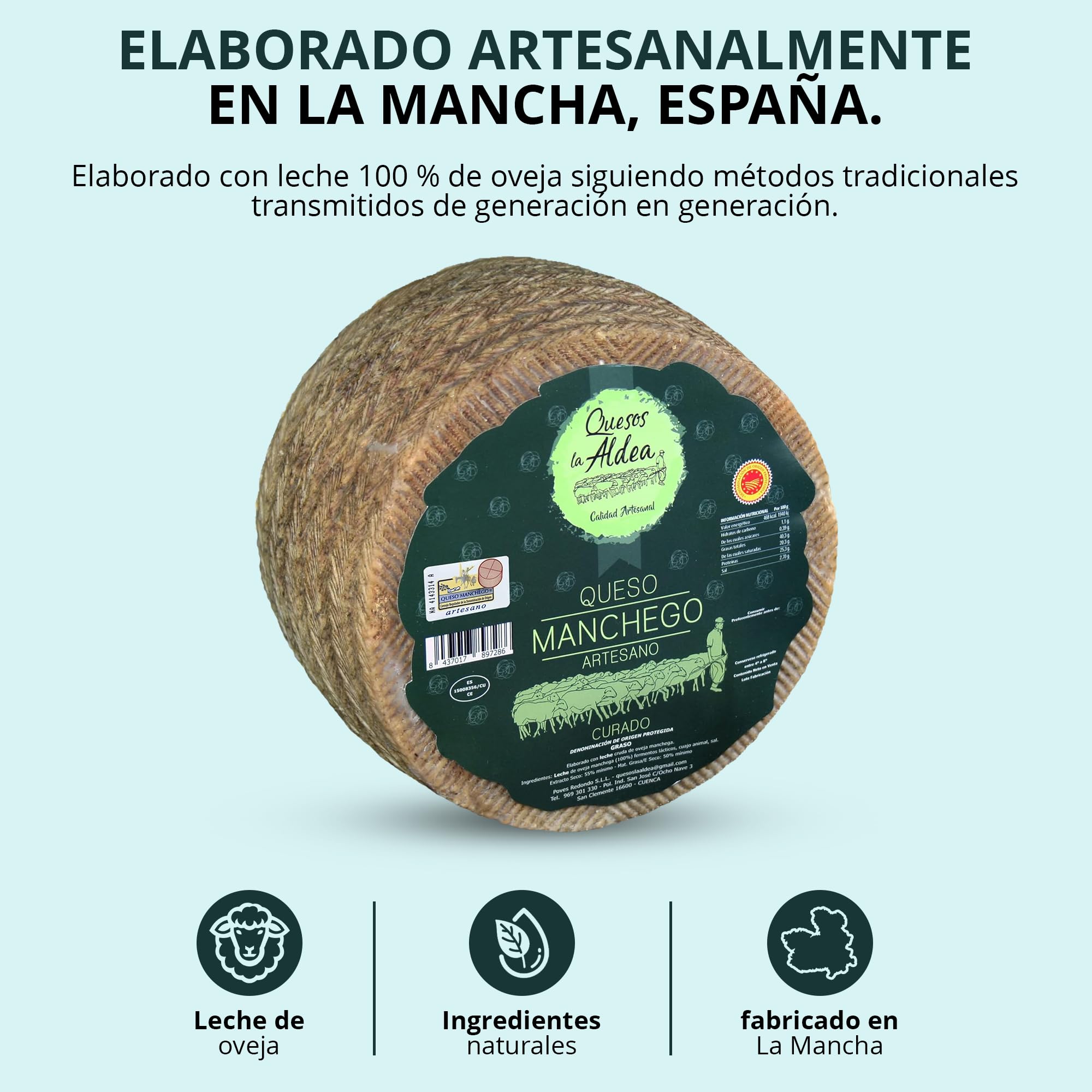 QUESOS LA ALDEA | Queso Manchego Curado de Oveja Artesano de Origen D.O. | Queso Gourmet 1.5 kg | Perfecto para Packs Regalo de Quesos gourmet, Cesta y Regalo Gourmet | Queso Curado
