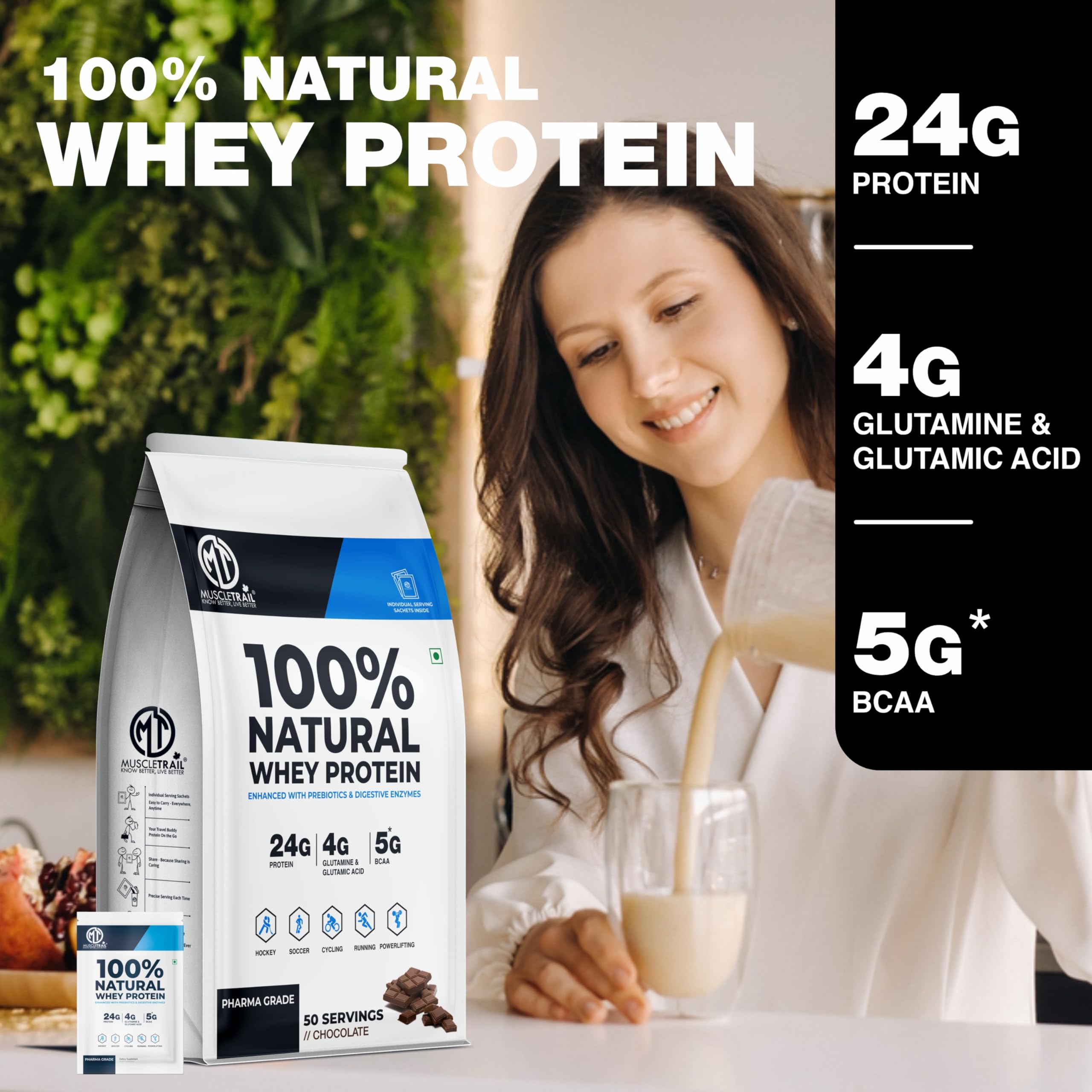 MuscleTrail Pharma Grade 100% Natural Whey Protein Powder | 24g Protein, 4g Glutamine, 5g BCAA | Isolate Source, Low Carb | Muscle Gain & Recovery Supplement | 50 Sachets + Premium Shaker Bottle (Vanilla) — Amazon image 5
