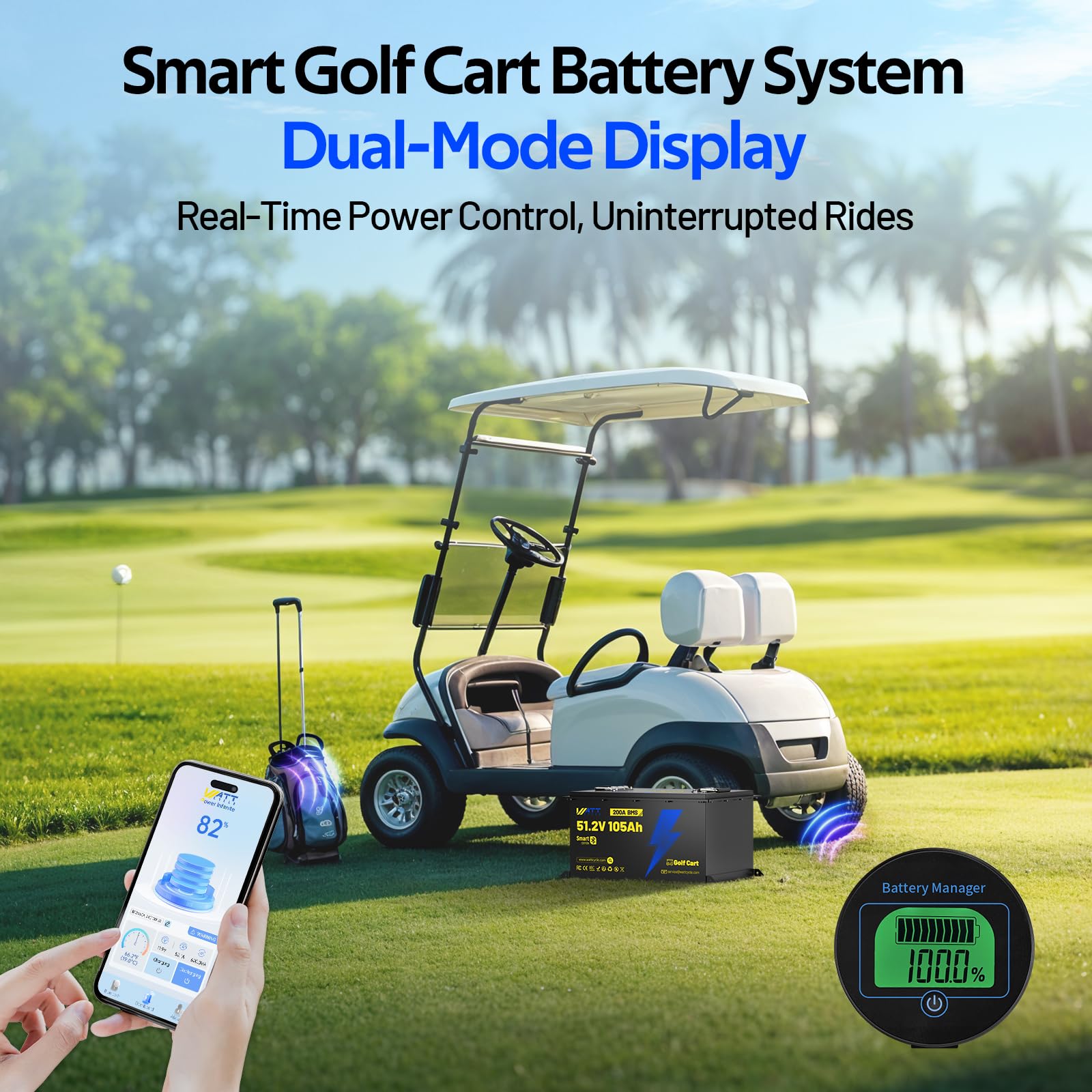 Wattcycle 48V 105Ah LiFePO4 Lithium Battery for Golf Cart, All Metal Frame Built-in Bluetooth & 200A BMS & Mobile Monitor, Range of 70 Miles 15000+ Deep Cycles LiFePO4 Lithium Batterys 48Volt Kit