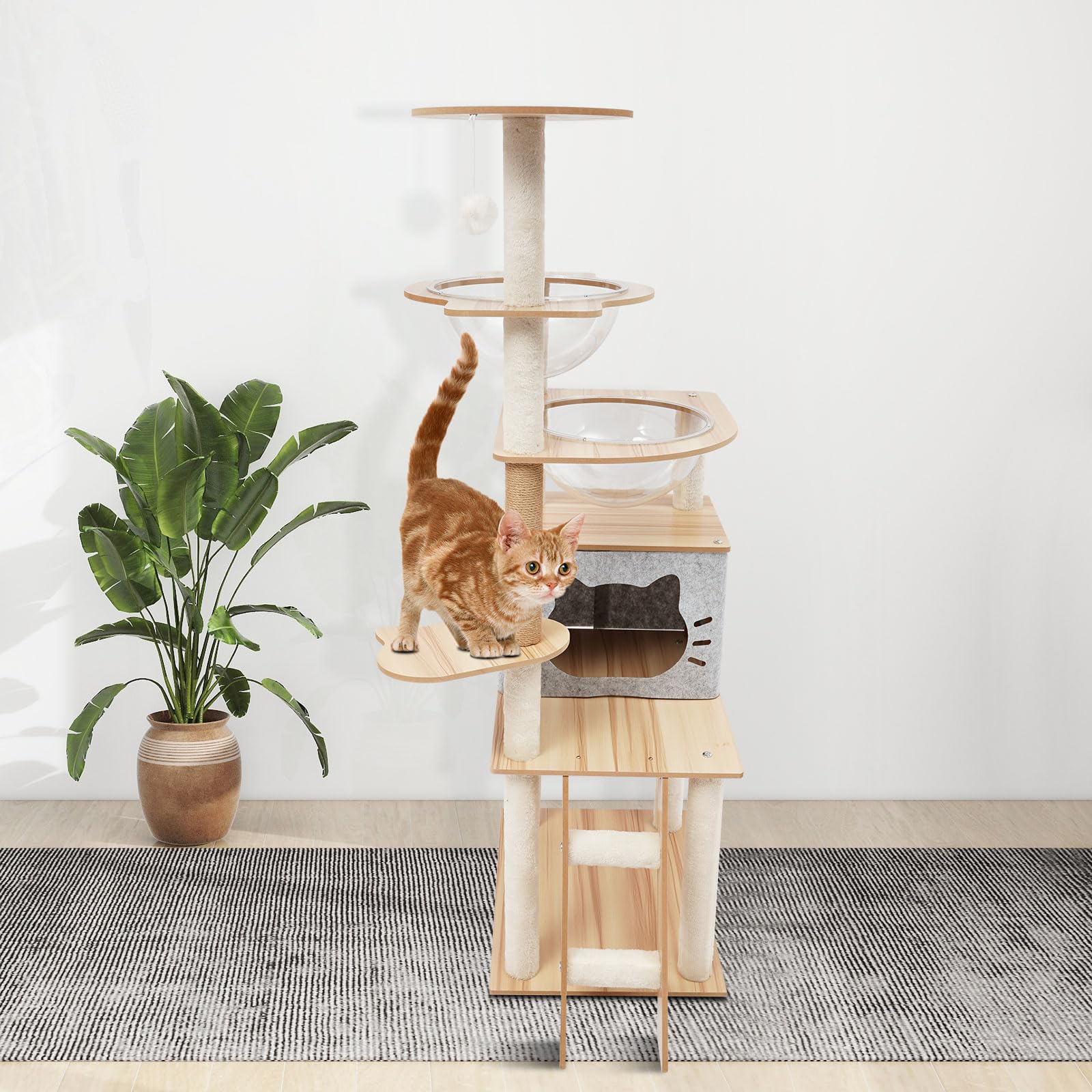 Rascador de madera, moderno árbol rascador para gatos con cueva para gatos, 50 × 40 × 135 cm, rascador para gatos grandes, estable, para 3-4 gatos pequeños y grandes, hasta 10 kg, gris