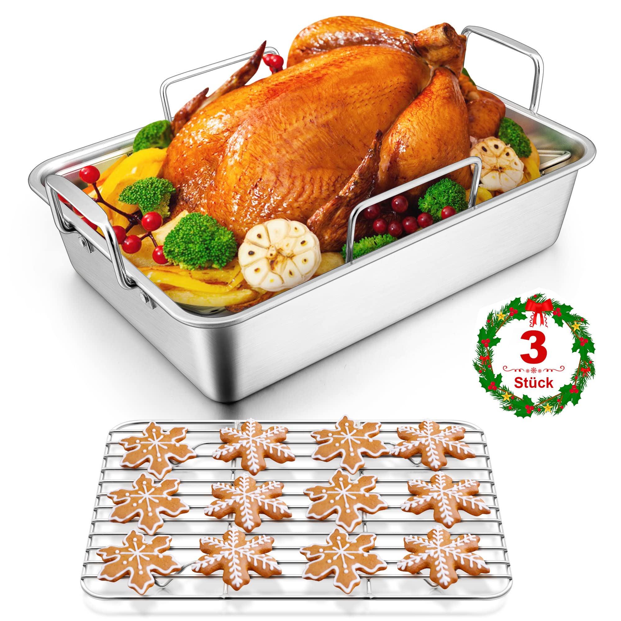 HaWare Stainless Steel Roasting Pan with Rack, Set of 3, 35.8 x 26.7 x 9 cm, Deep Oven Dish for Turkeys/Vegetables/Lasagna, Heavy Duty & Dishwasher Safe