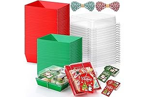 Xmas Cookie Box Set: 100 Christmas Charcuterie Containers with Ropes, Cards, Clear Lids