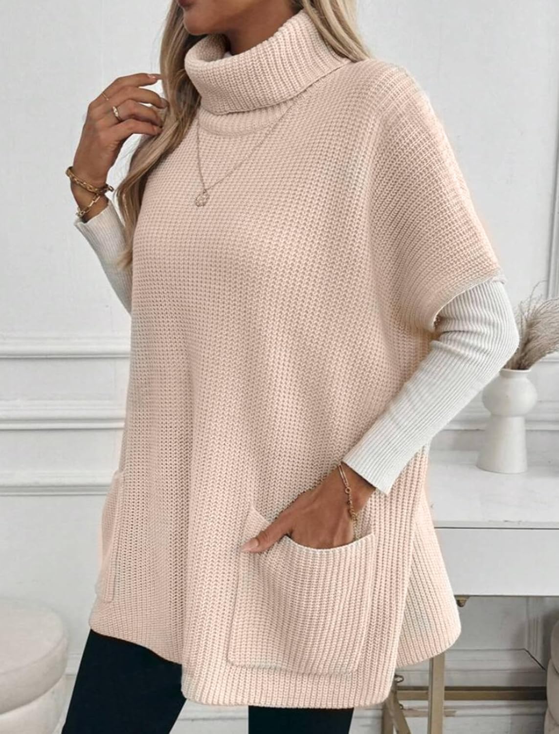 ZAFUL Women's Oversized Turtleneck Sweater Dress Short Batwing Sleeve Knitwear with Pockets Trendy Fall Sweaters 2025 - Image 3