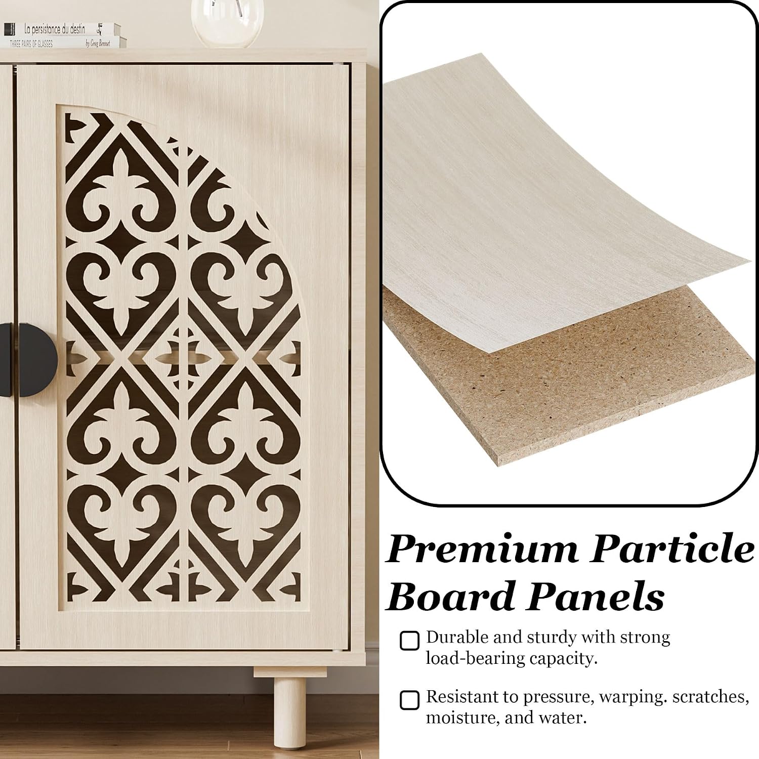 Decorative Cabinet, Wood Buffet Cabinet with Carved Decorated Doors, Magnetic Latch, Adjustable Shelf, 29.8x15.7x31.5 inches, Natural (White)