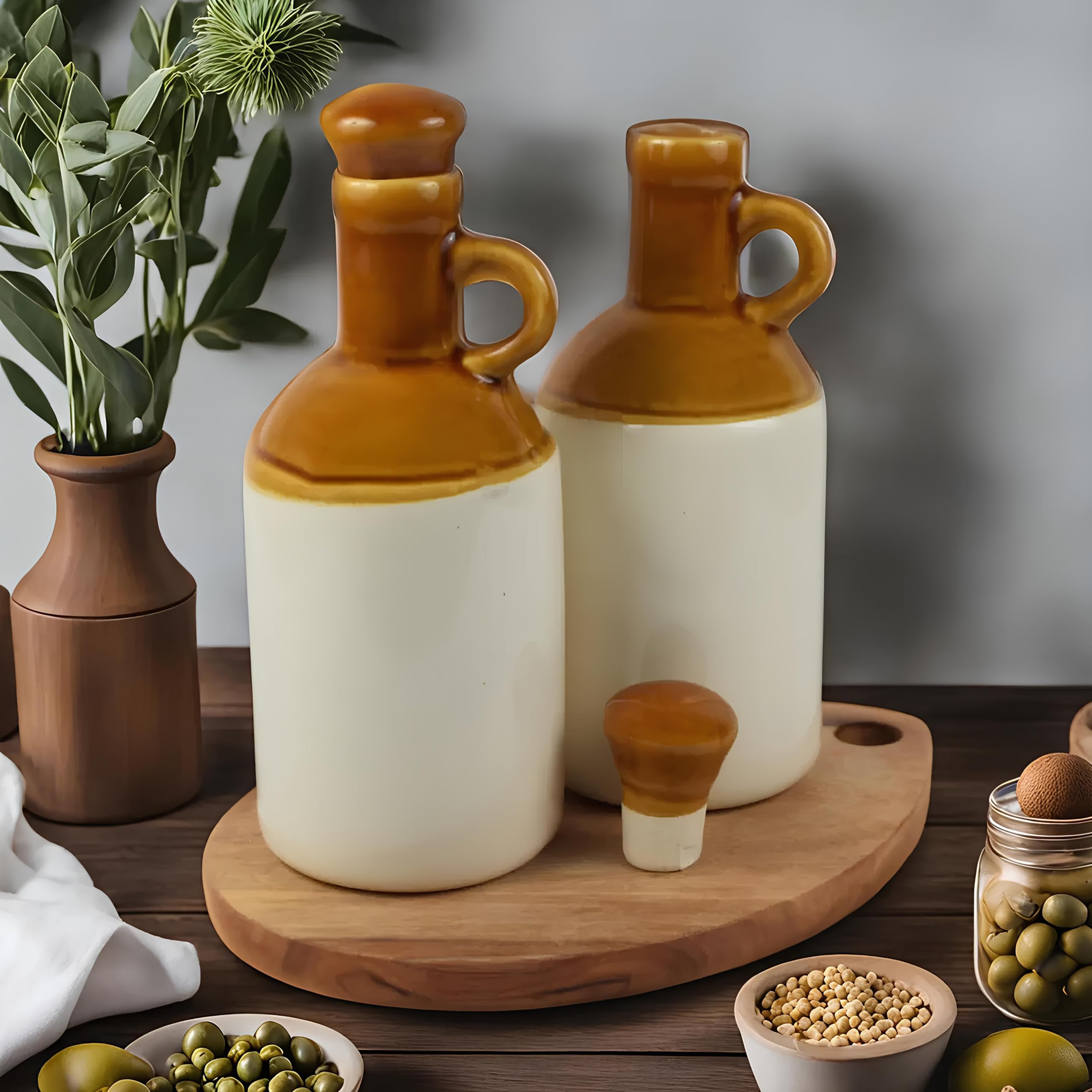 Ceramixs Ghar Handmade Ceramic Oil Dispenser Bottle for Kitchen | 1000ml Capacity | Microwave Safe | Ideal for Storing Cooking Oil | (Capacity : 1000 Ml,Pack Of Two) (Brown and White)