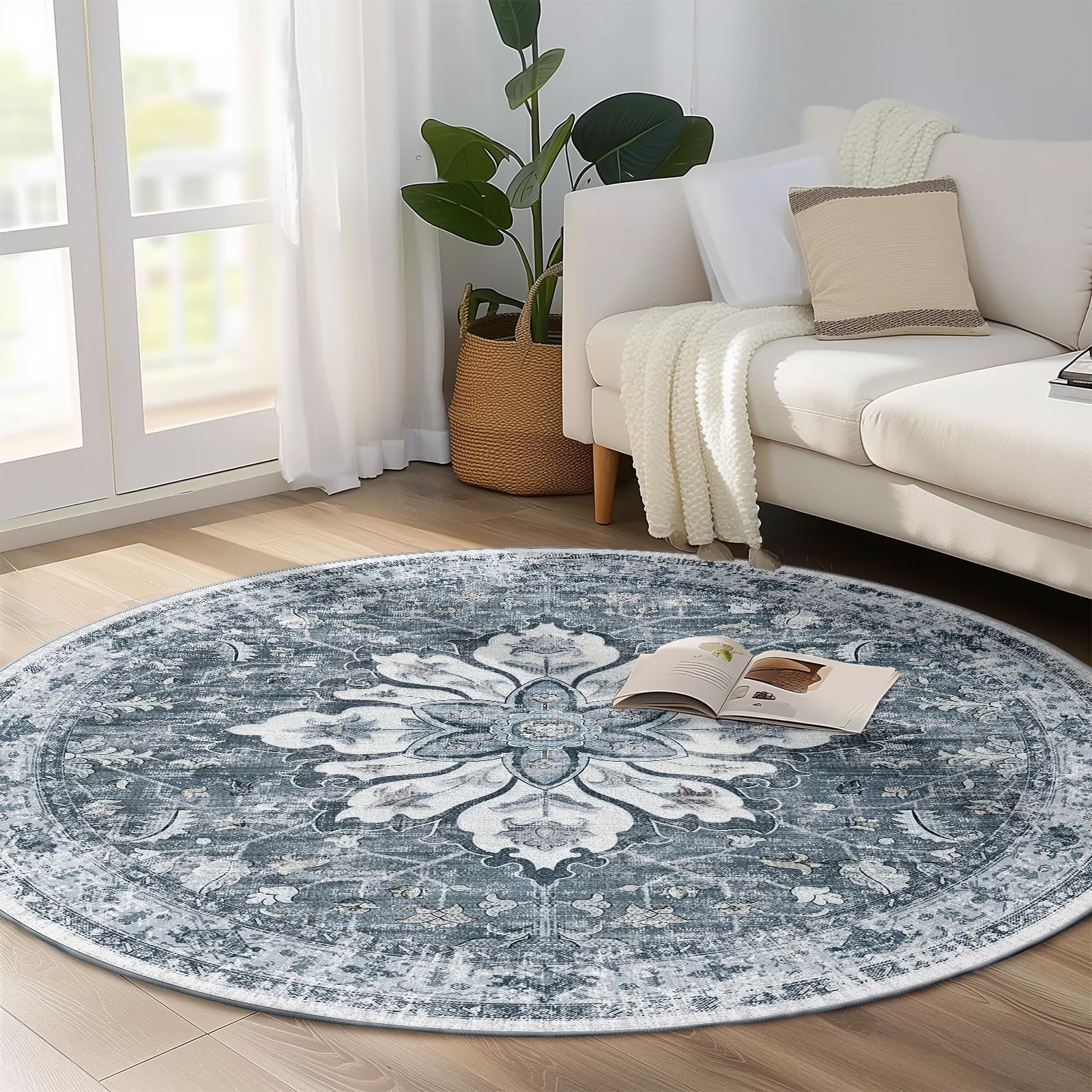RELEANY Area Rugs 6ft Washable Non-Slip, Floral Vintage Distress Print Pattern Medallion Carpet for Living Room Bedroom Dining Room, Light Gray Grey