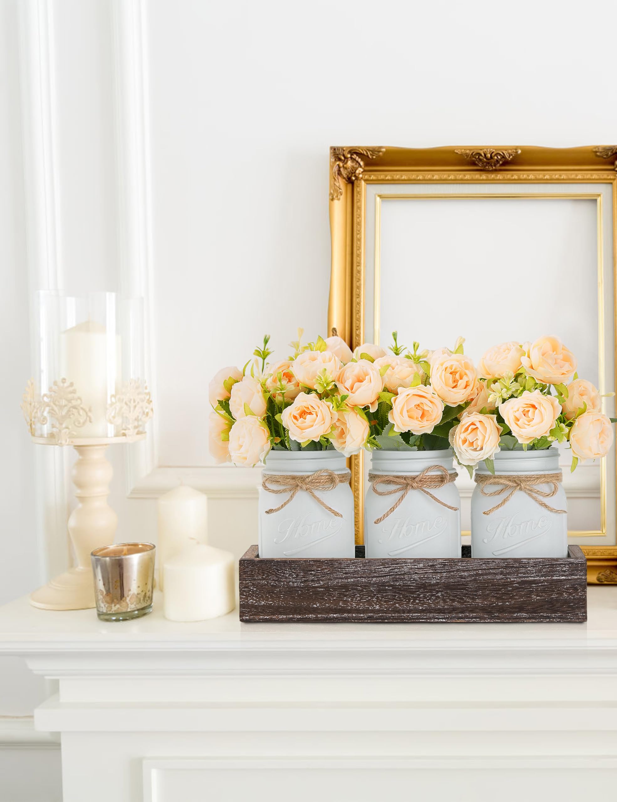 KIVIVO Mason Jar Centerpiece Table Decorations, Kitchen Table Centerpieces for Dining Room, Spring Coffee Table Decor with Peonies Artificial Flowers, Wood Tray, Farmhouse Centerpieces for Tables