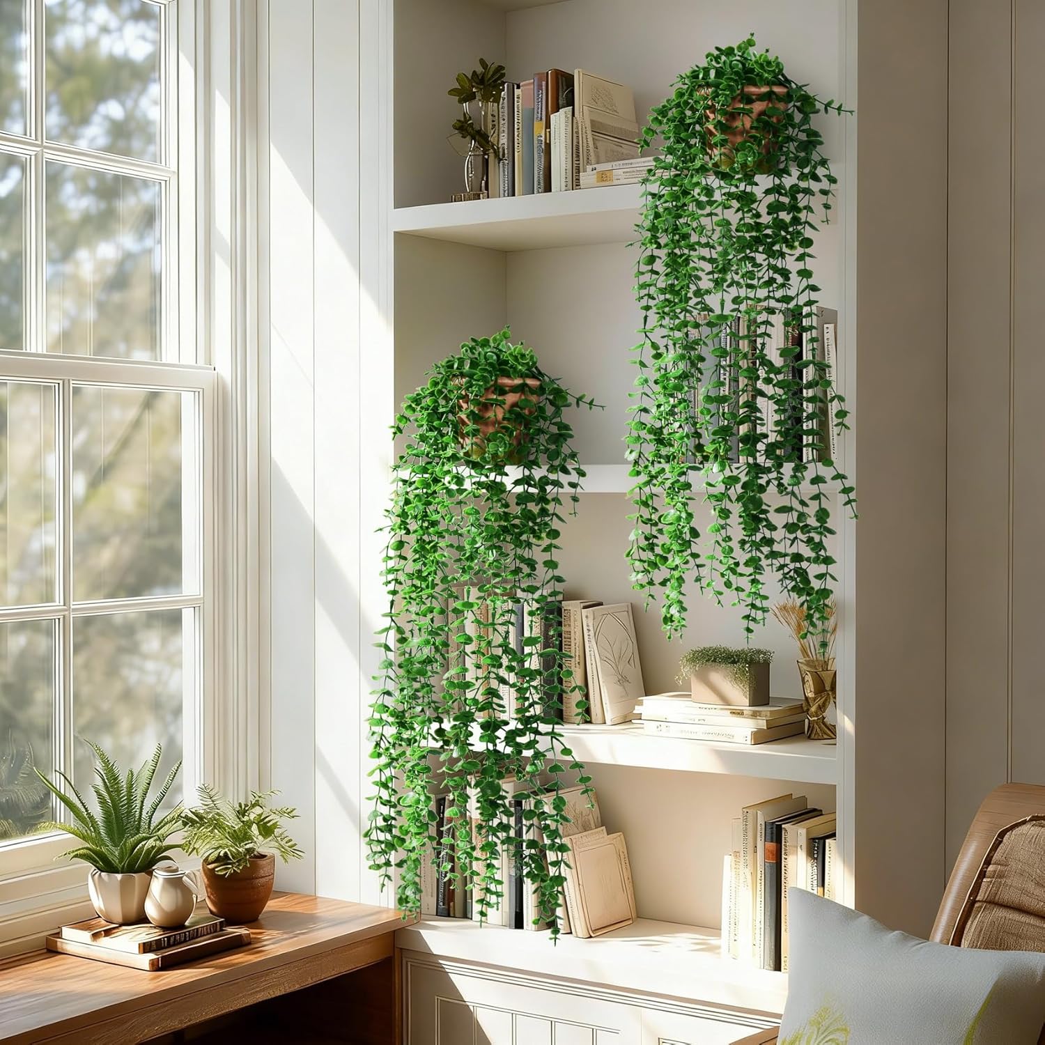 2 Pcs Faux Eucalyptus Vine Ivy Vine Artificial Hanging Plant Faux Plant Fake Potted Greenery for Wall Living Room Home Shelf Office Bathroom Outdoor Indoor Decor (Type 1)
