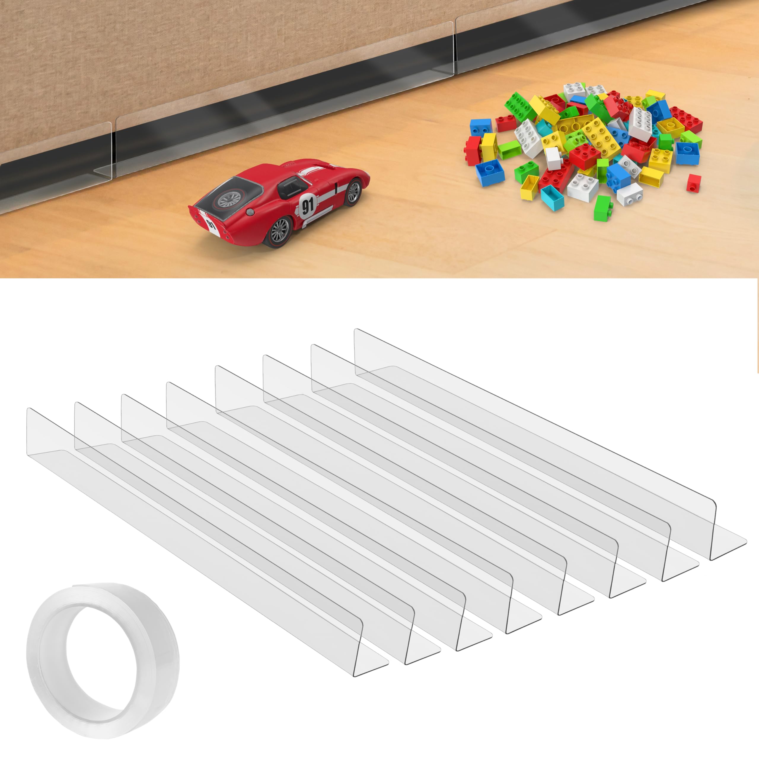 Paracolpi Barriera Letto per Giocattoli [Confezione da 8] - Blocca sotto Divano Trasparenti Adesivi Anche per Letto, Divano, Armadio, Comò, Cucina - Barriera Divano Anti Polvere e Animali