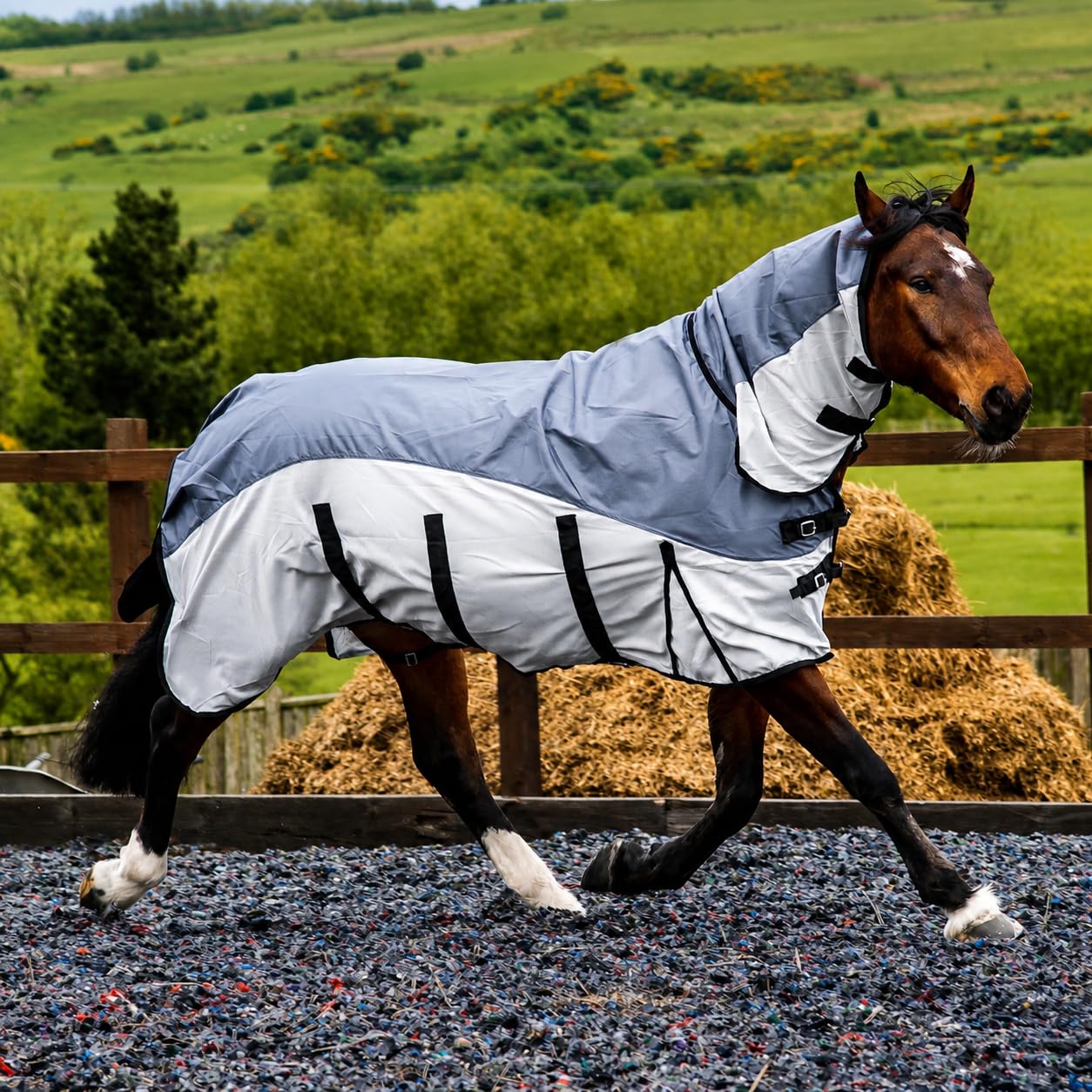 Equitack 600D Fly Rug for Horses, 5’6” | Mesh Fly Sheet Lightweight UV & Light Rain Protection with Full Neck | 2-in-1 Waterproof Fly Mesh Rug, (Grey/Silver) — image 1